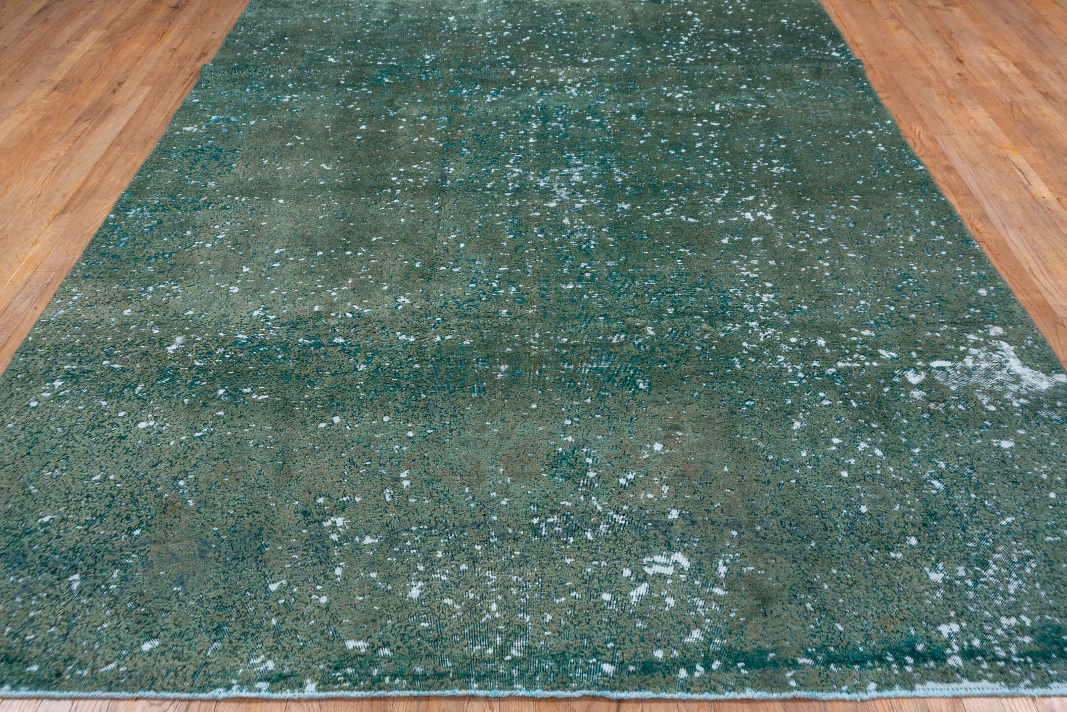7' x 11' one-of-a-kind handmade vintage Overdyed large size rug. Color palette: sage, seafoam, ivory, teal, green