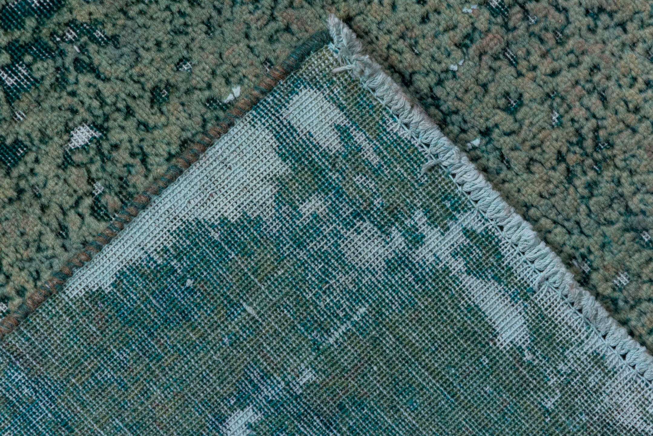 7' x 11' one-of-a-kind handmade vintage Overdyed large size rug. Color palette: sage, seafoam, ivory, teal, green