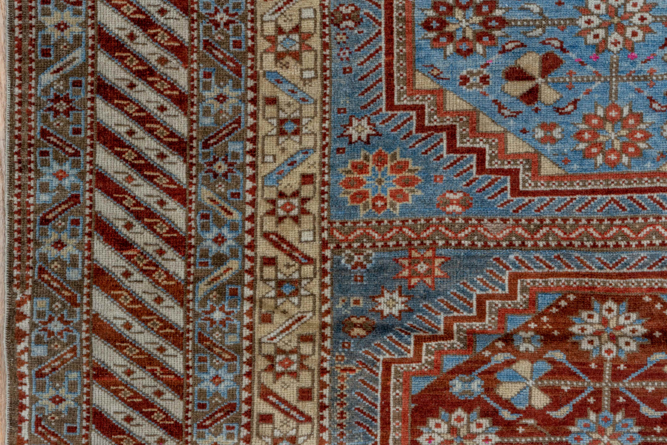 3' x 5' one-of-a-kind handmade antique Shirvan small size rug. Color palette: sky blue, rust, brown, ivory, slate, camel