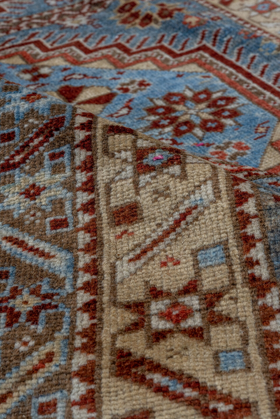 3' x 5' one-of-a-kind handmade antique Shirvan small size rug. Color palette: sky blue, rust, brown, ivory, slate, camel