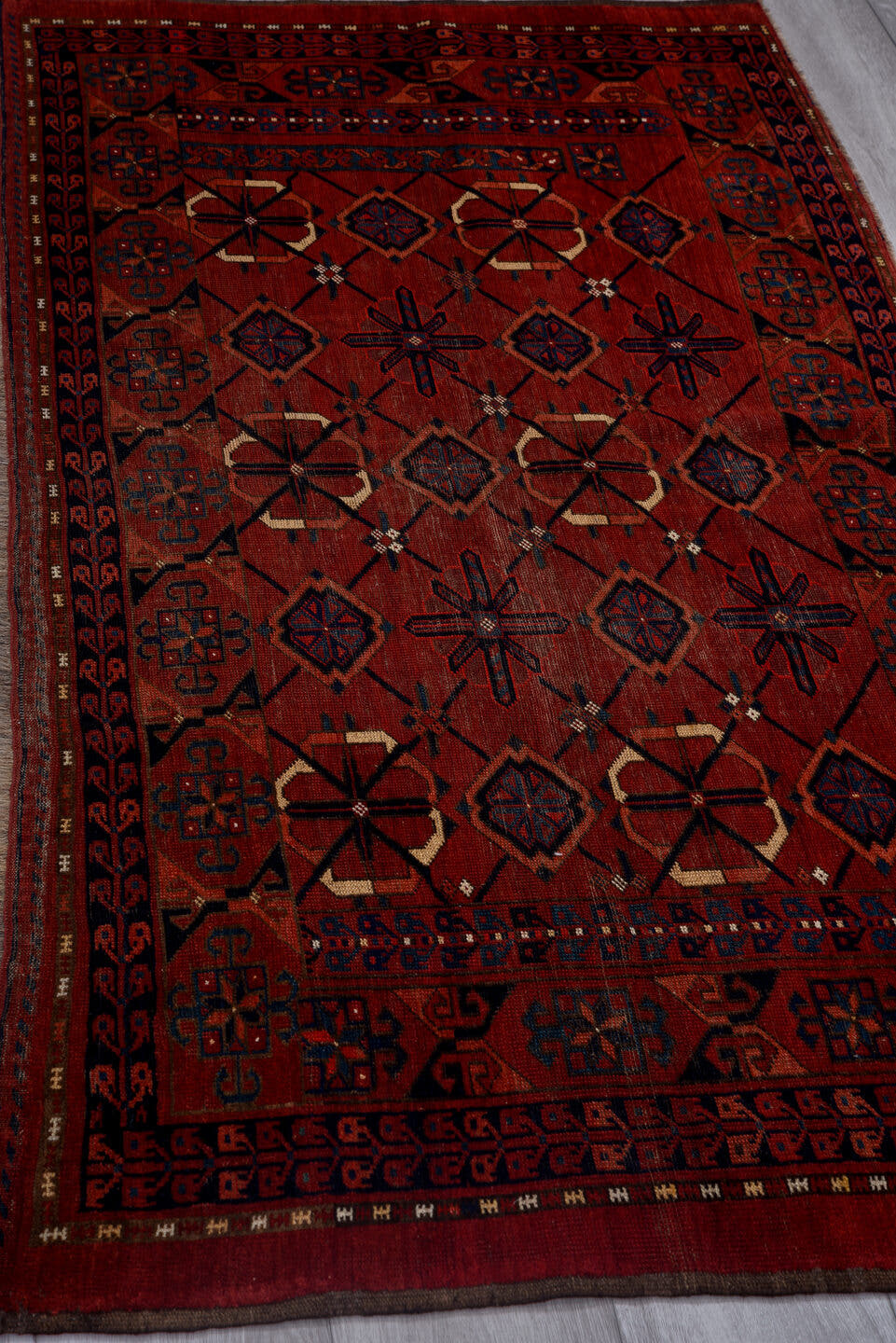 3' x 6' one-of-a-kind handmade vintage Torkaman small size rug. Color palette: red, burgundy, navy, ivory, rust, charcoal