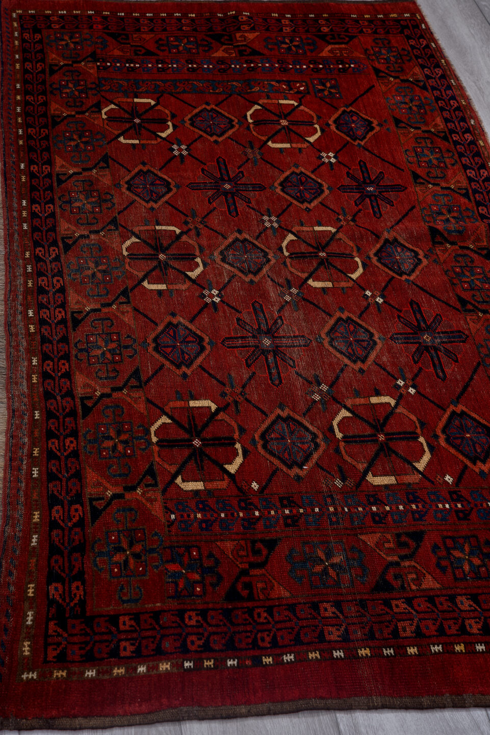 3' x 6' one-of-a-kind handmade vintage Torkaman small size rug. Color palette: red, burgundy, navy, ivory, rust, charcoal