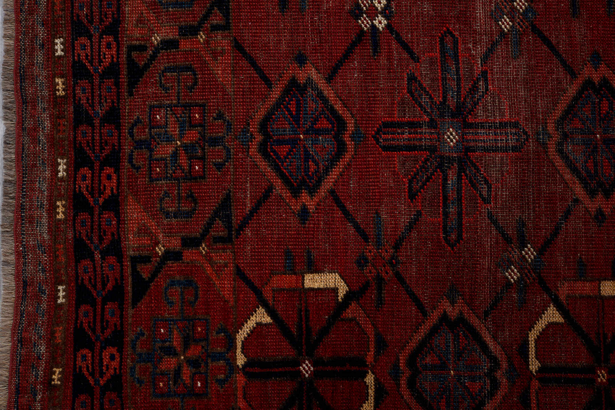 3' x 6' one-of-a-kind handmade vintage Torkaman small size rug. Color palette: red, burgundy, navy, ivory, rust, charcoal