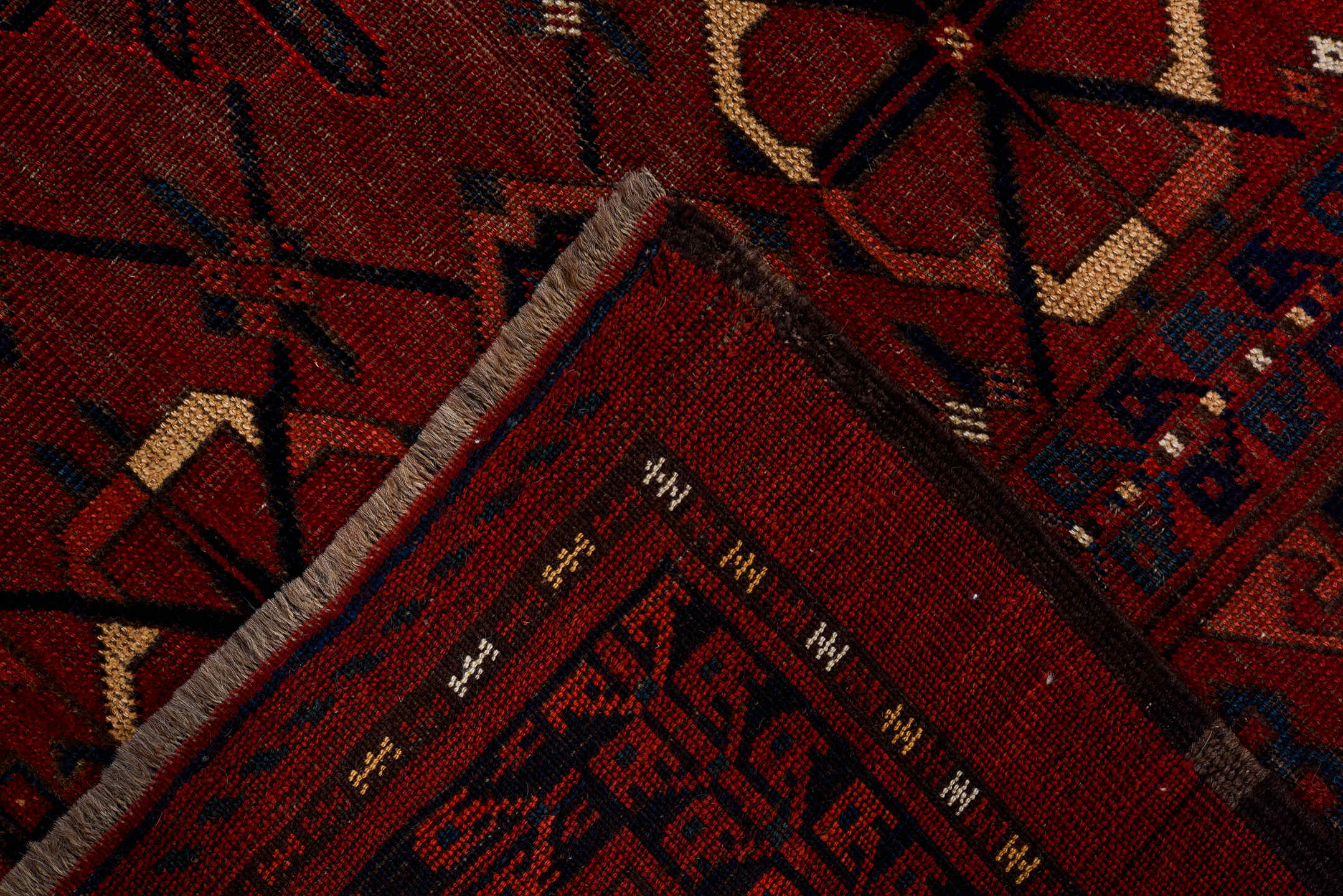 3' x 6' one-of-a-kind handmade vintage Torkaman small size rug. Color palette: red, burgundy, navy, ivory, rust, charcoal