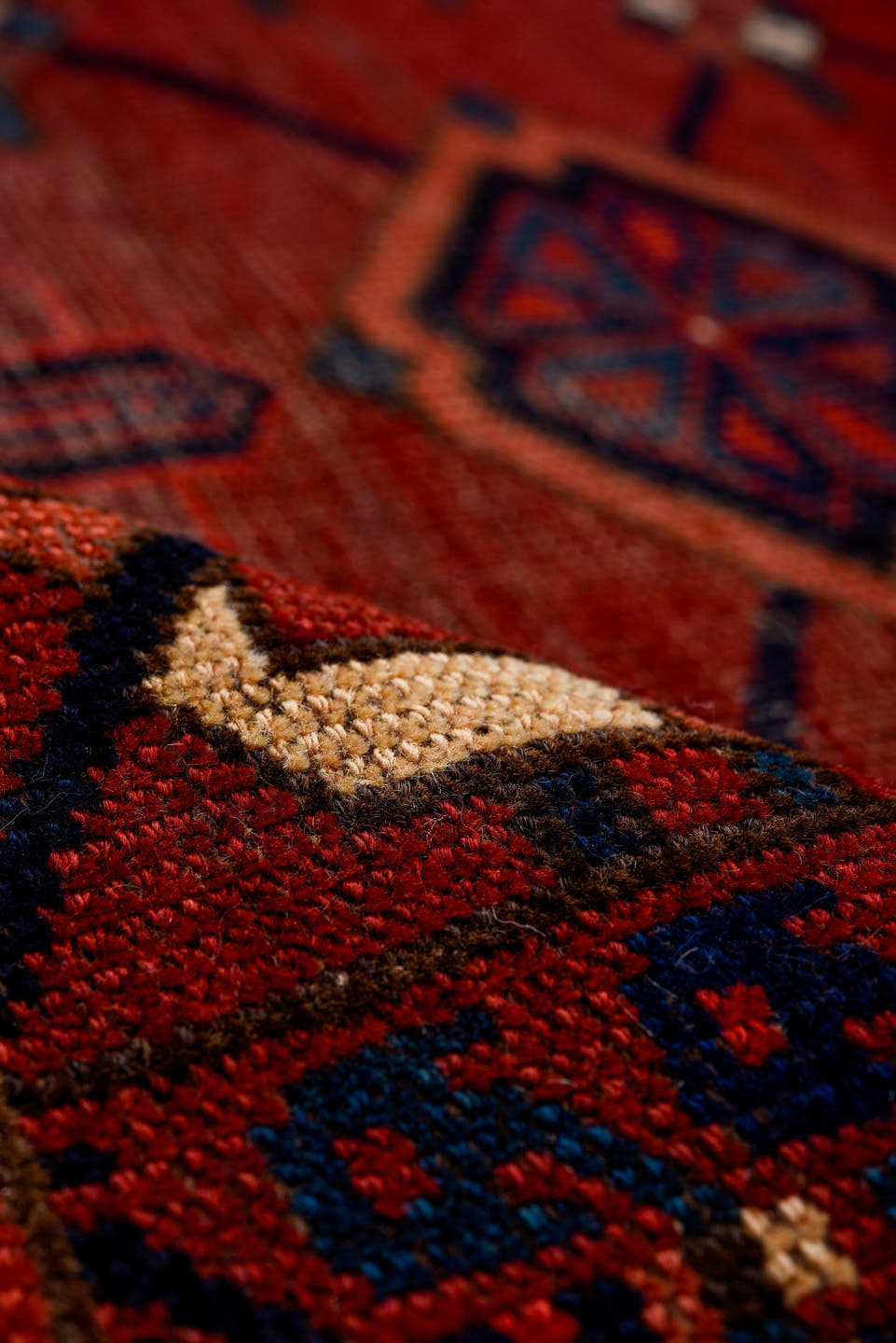 3' x 6' one-of-a-kind handmade vintage Torkaman small size rug. Color palette: red, burgundy, navy, ivory, rust, charcoal