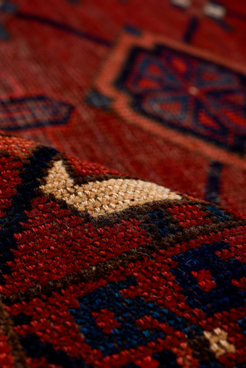 3' x 6' one-of-a-kind handmade vintage Torkaman small size rug. Color palette: red, burgundy, navy, ivory, rust, charcoal