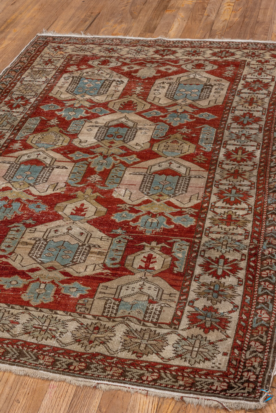 3' x 5' one-of-a-kind handmade antique Shirvan small size rug. Color palette: rust, ivory, sky blue, brown, taupe, camel