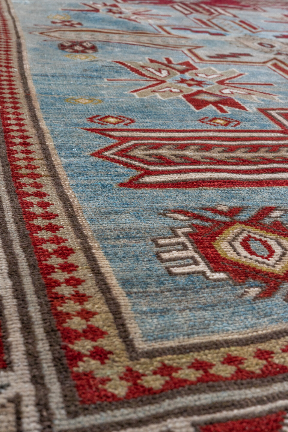 3' x 5' one-of-a-kind handmade vintage Shirvan small size rug. Color palette: arapawa, blue, brown, gray, light blue