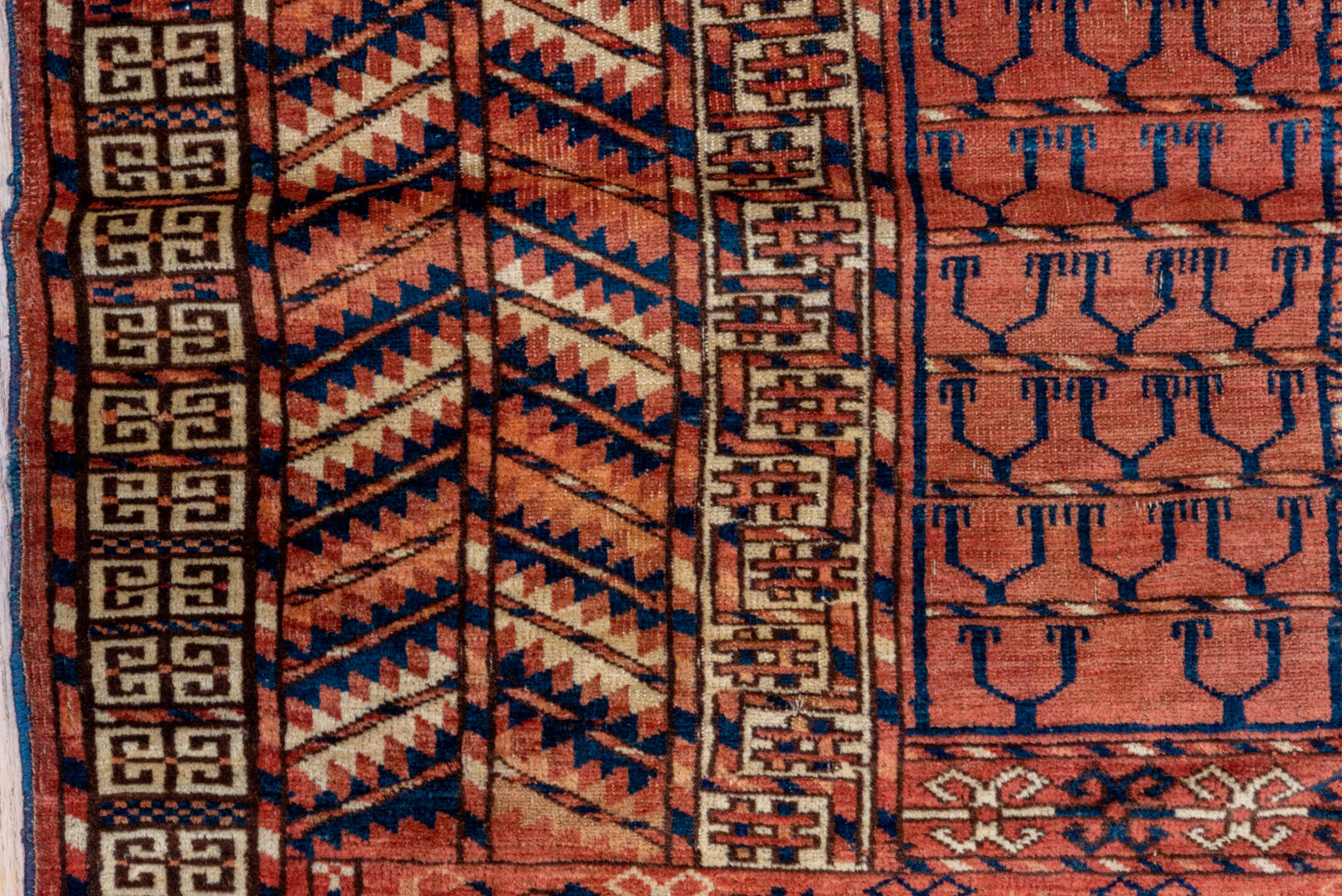 4' x 4' one-of-a-kind handmade antique Torkaman small size rug. Color palette: rust, burgundy, ivory, camel, charcoal