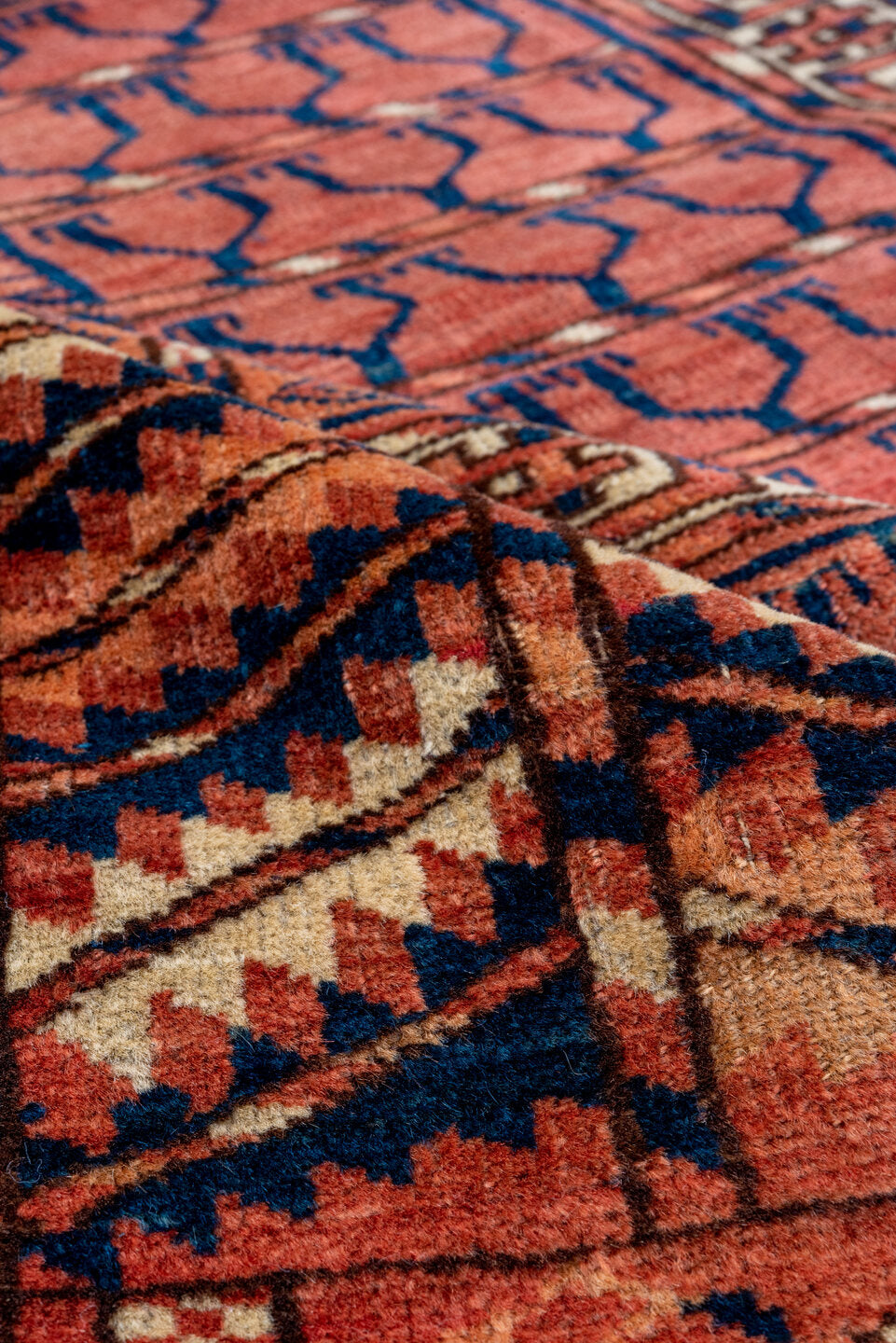 4' x 4' one-of-a-kind handmade antique Torkaman small size rug. Color palette: rust, burgundy, ivory, camel, charcoal
