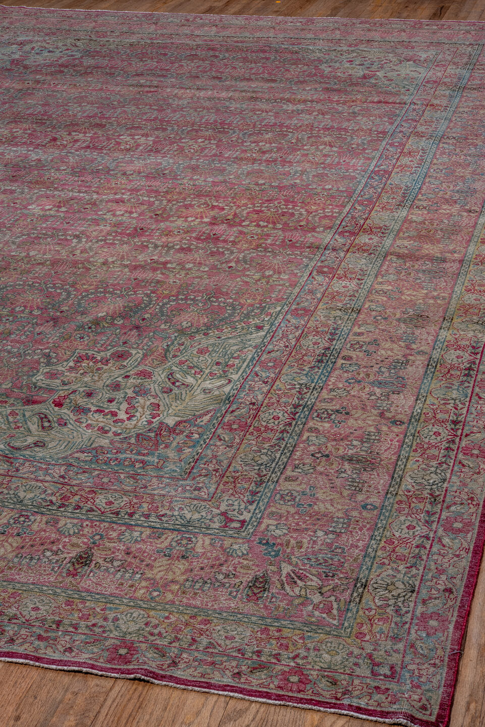 10' x 15' one-of-a-kind handmade antique Lavar rug. Color palette: rose, crimson, ivory, pale blue, sage, taupe, burgundy