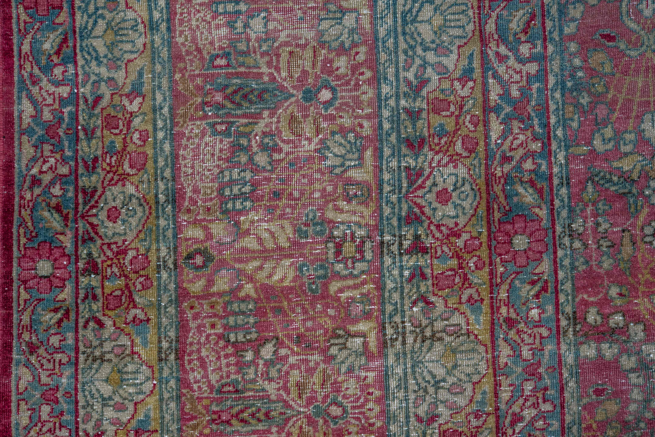 10' x 15' one-of-a-kind handmade antique Lavar rug. Color palette: rose, crimson, ivory, pale blue, sage, taupe, burgundy