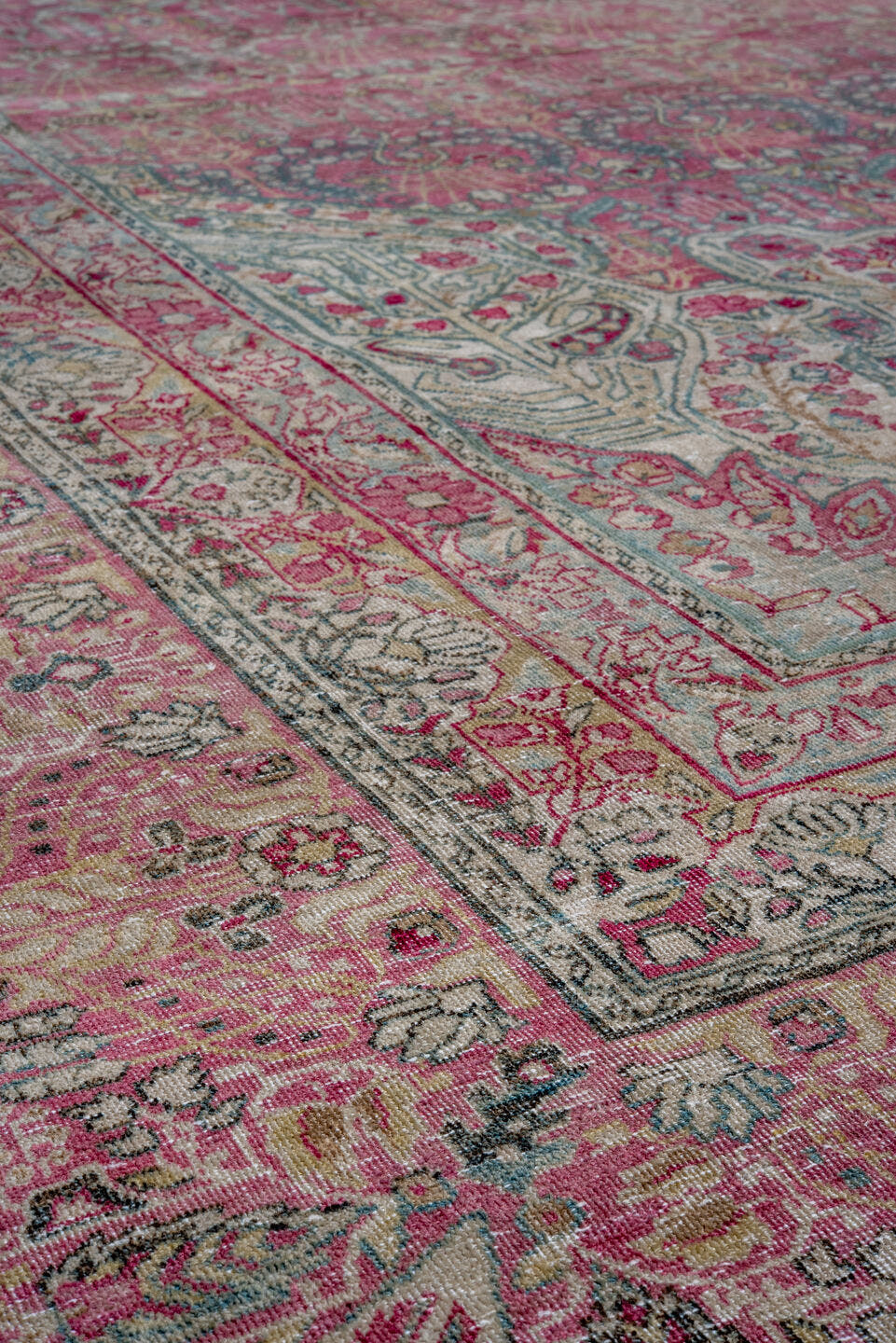 10' x 15' one-of-a-kind handmade antique Lavar rug. Color palette: rose, crimson, ivory, pale blue, sage, taupe, burgundy