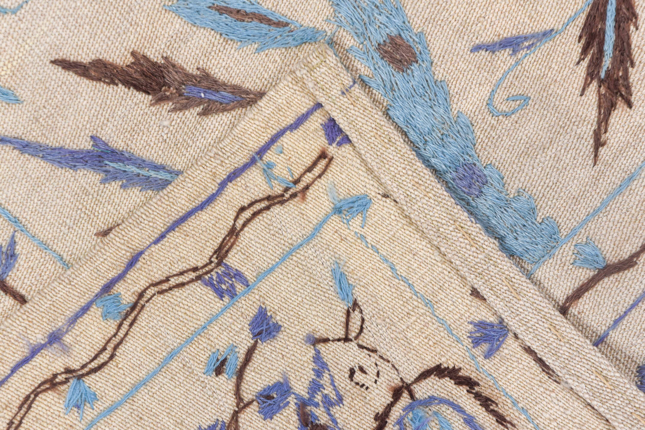 4' x 5' one-of-a-kind handmade vintage Kilim small size rug. Color palette: ivory, sky blue, lavender, taupe, brown