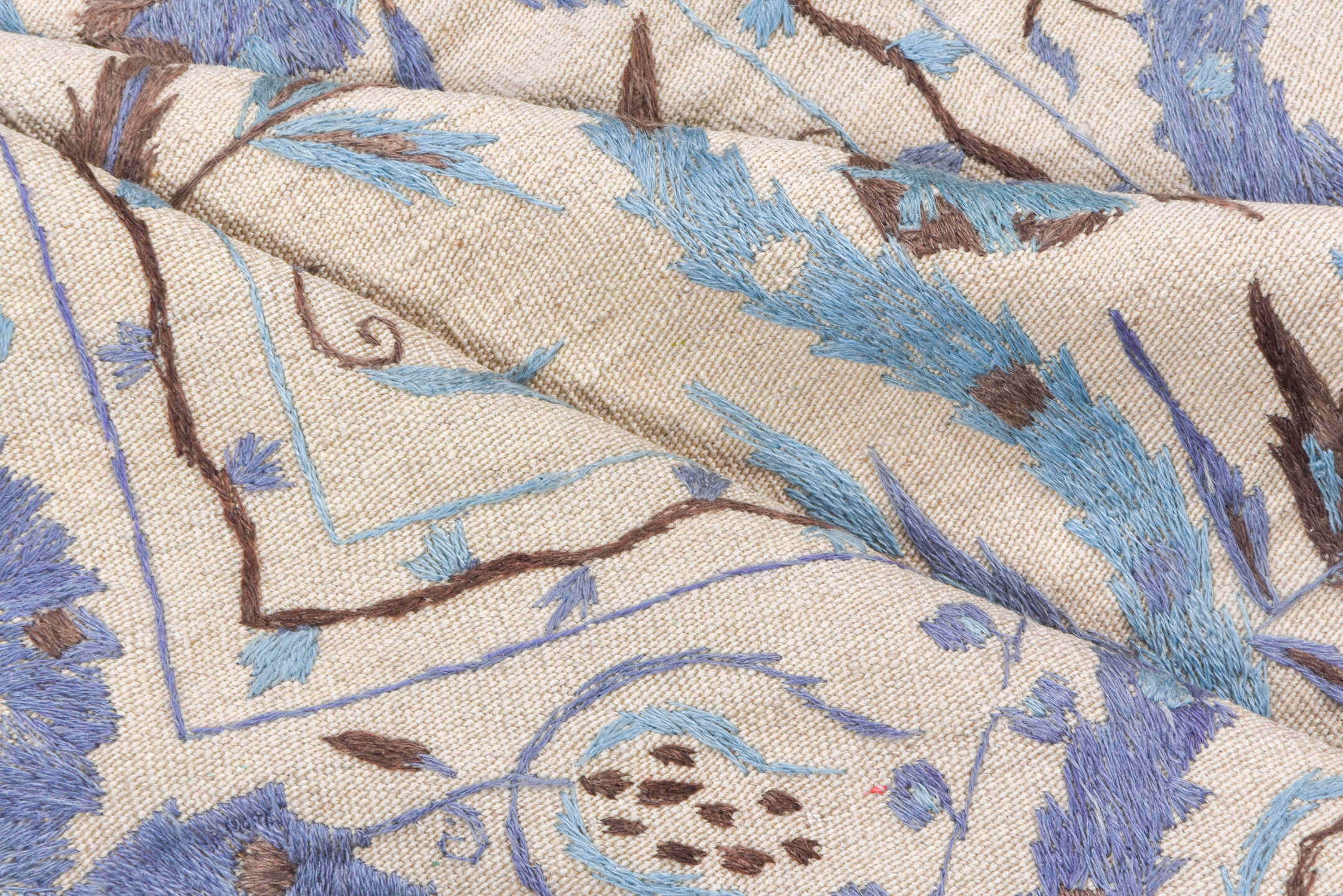 4' x 5' one-of-a-kind handmade vintage Kilim small size rug. Color palette: ivory, sky blue, lavender, taupe, brown