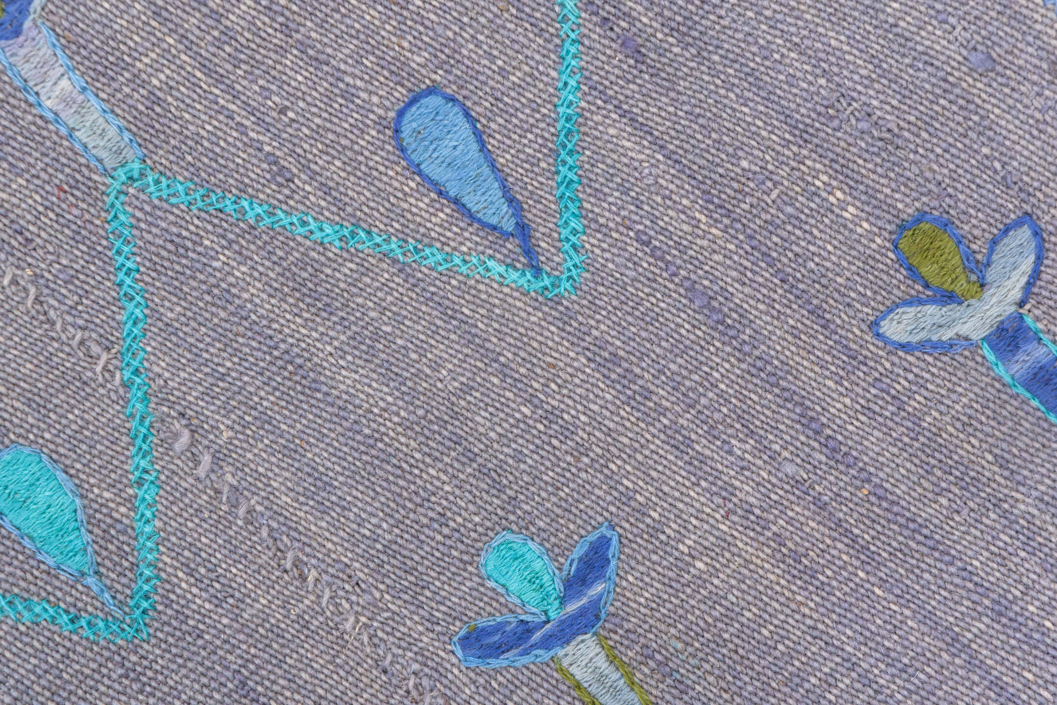 5' x 7' one-of-a-kind handmade vintage Kilim rug. Color palette: blue, dark gray, gainsboro, gray, light blue, light gray