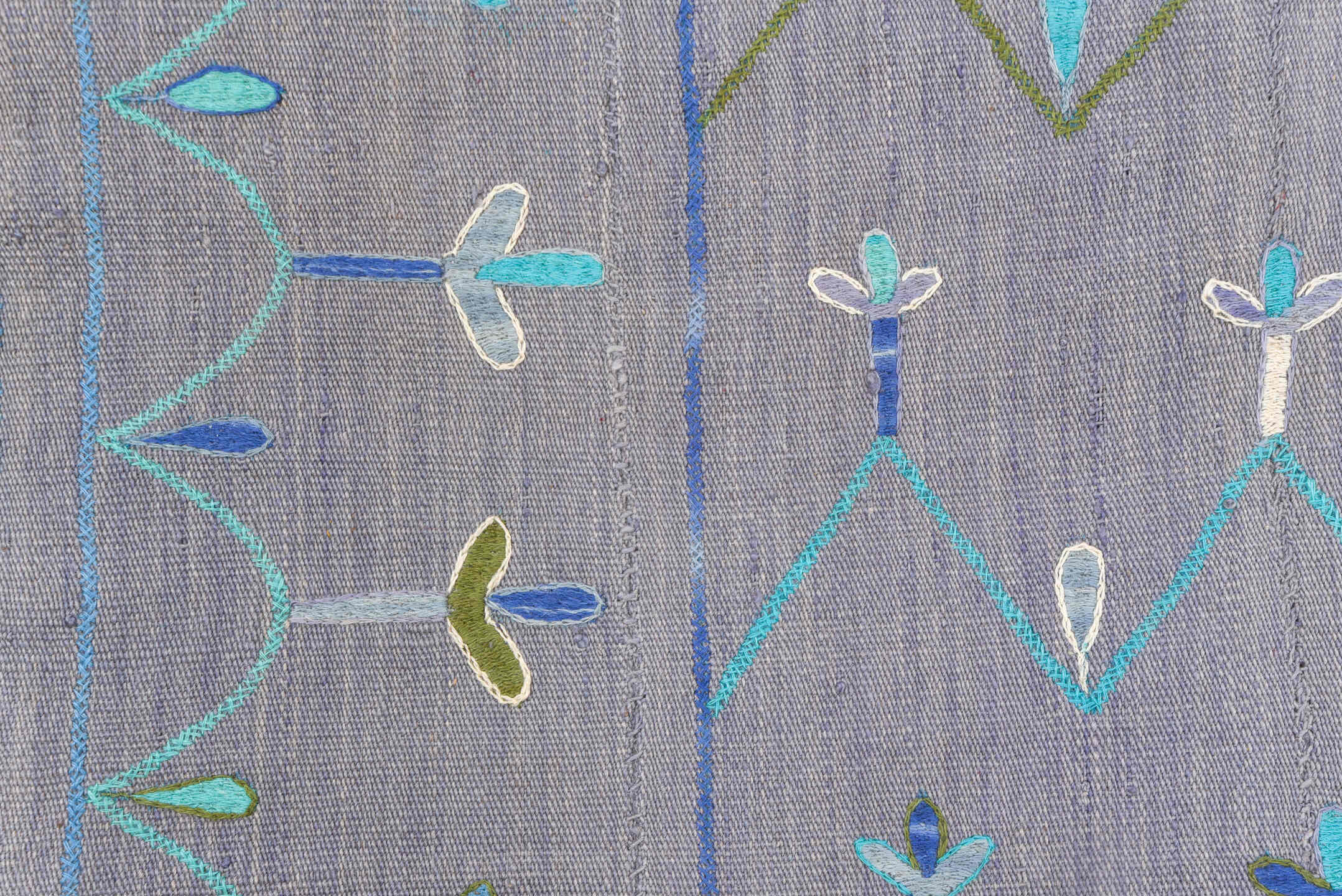 5' x 7' one-of-a-kind handmade vintage Kilim rug. Color palette: lavender, turquoise, sky_blue, ivory, olive, slate