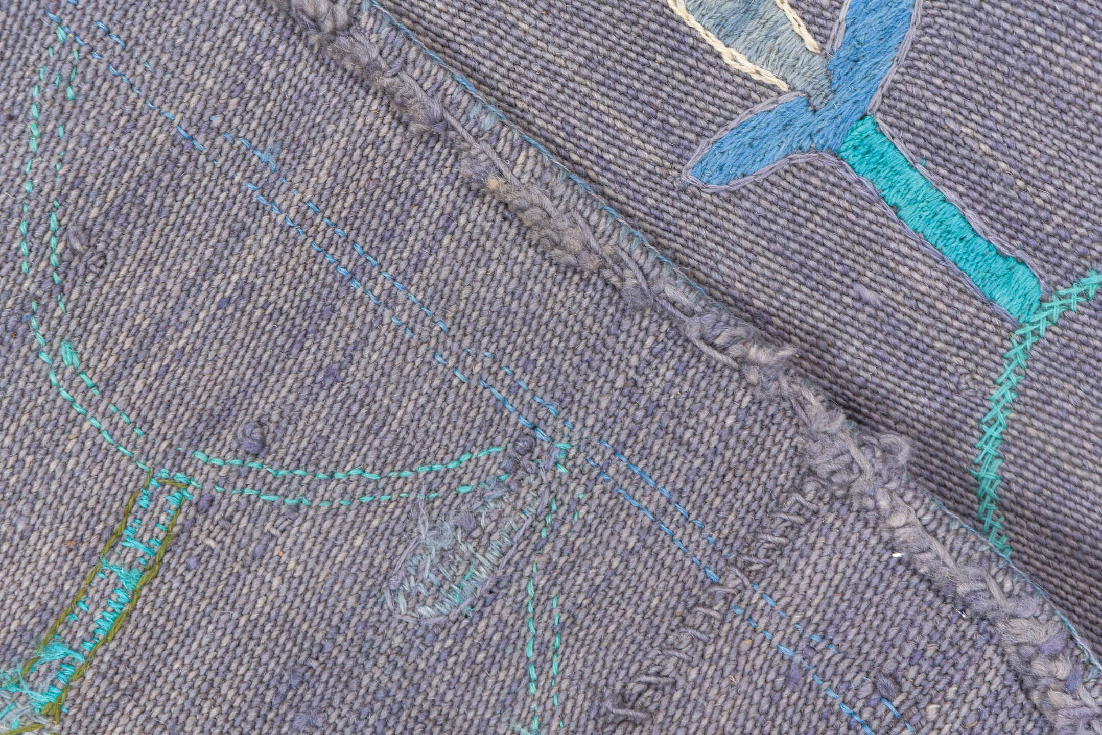 5' x 7' one-of-a-kind handmade vintage Kilim rug. Color palette: blue, dark gray, gainsboro, gray, light blue, light gray