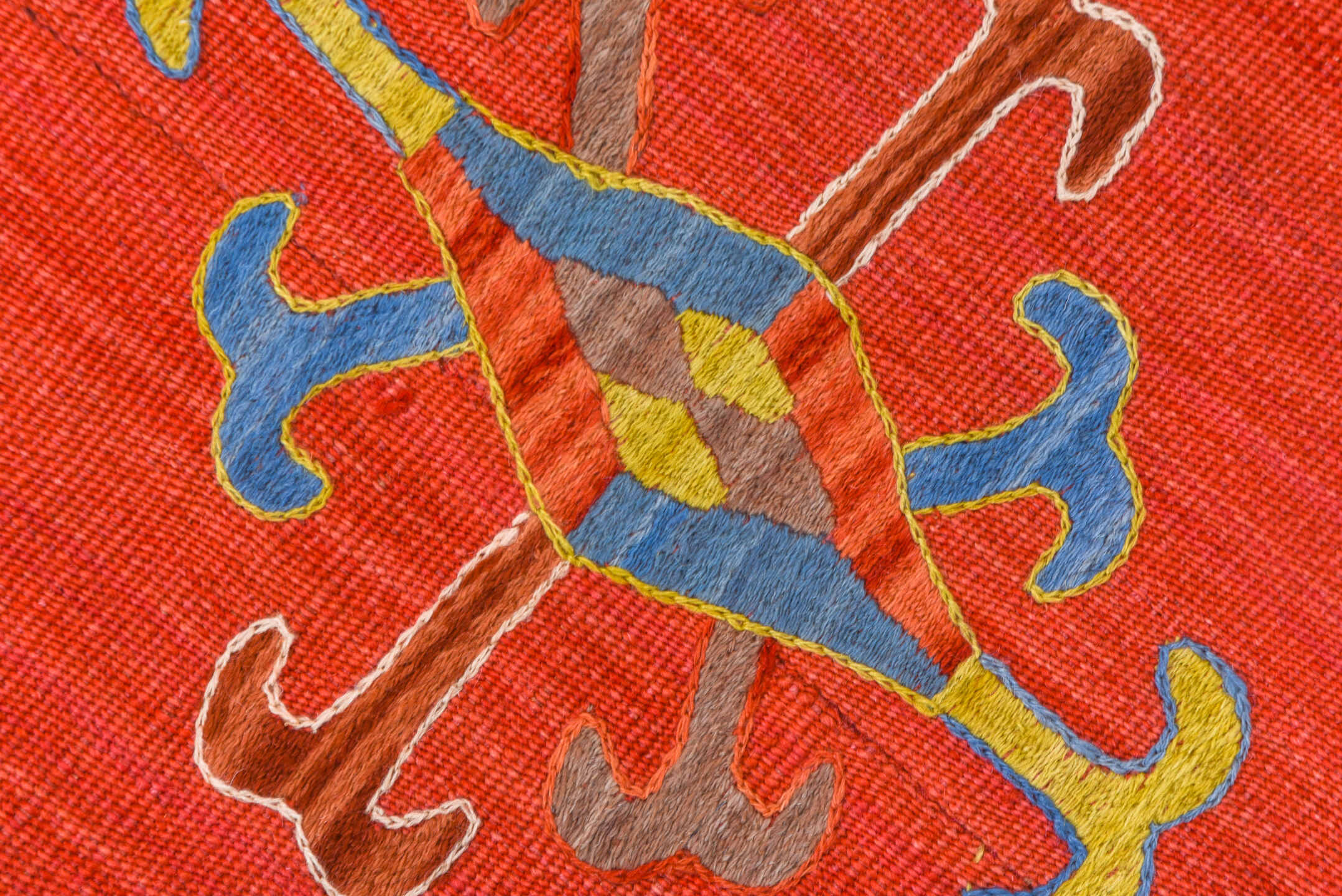 7' x 8' one-of-a-kind handmade vintage Kilim rug. Color palette: coral, sky blue, ivory, gold, rose, taupe, terracotta