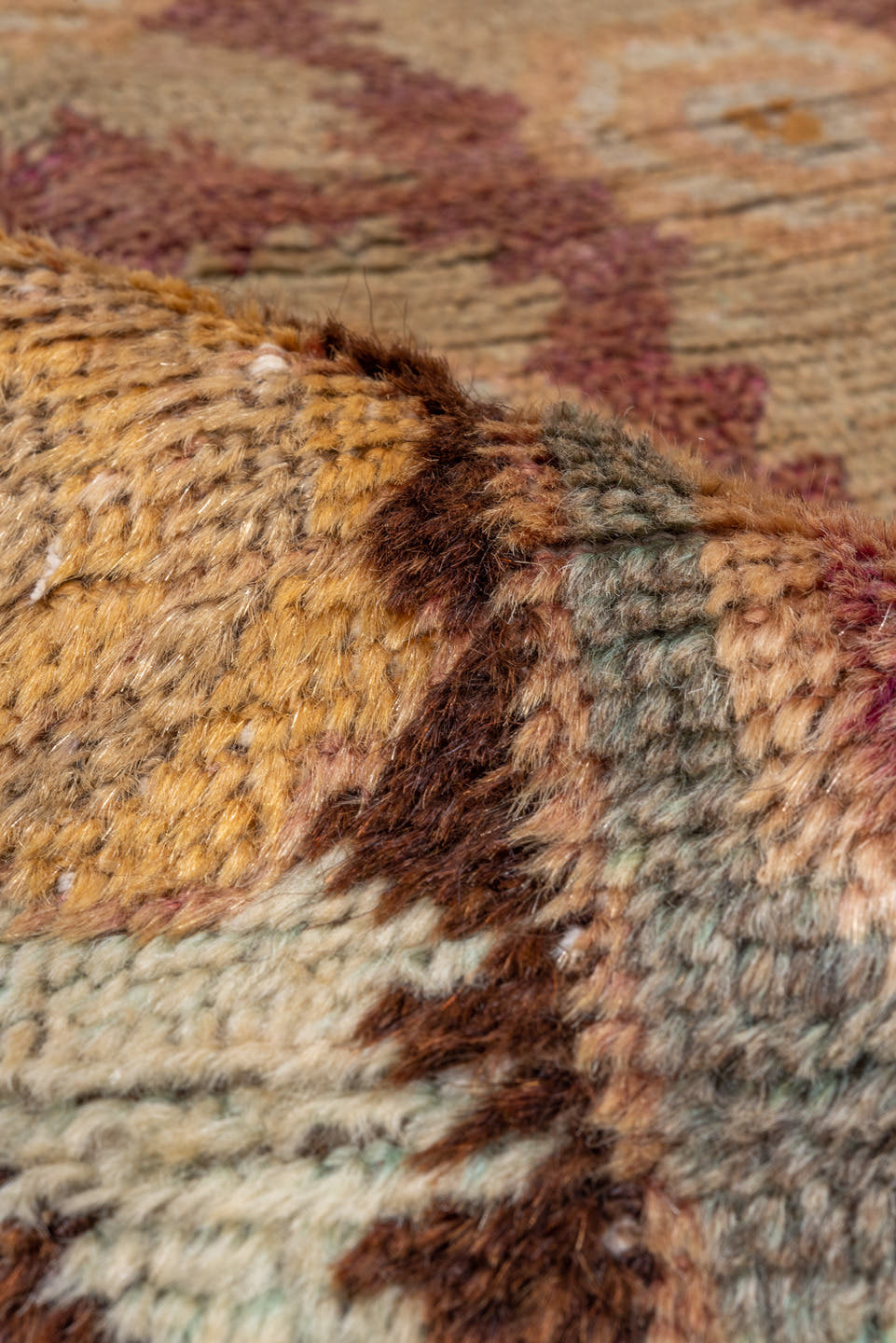4' x 6' one-of-a-kind handmade antique Khotan small size rug. Color palette: camel, brown, ivory, rose, pale blue, gold