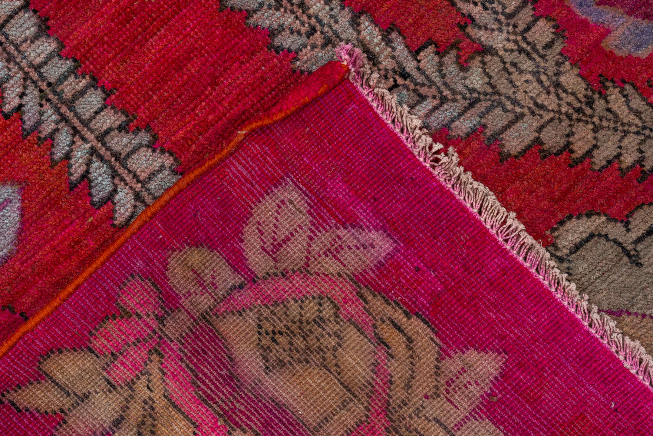 5' x 10' one-of-a-kind handmade vintage Khotan medium size rug. Color palette: blue, brown, gray, pink, red