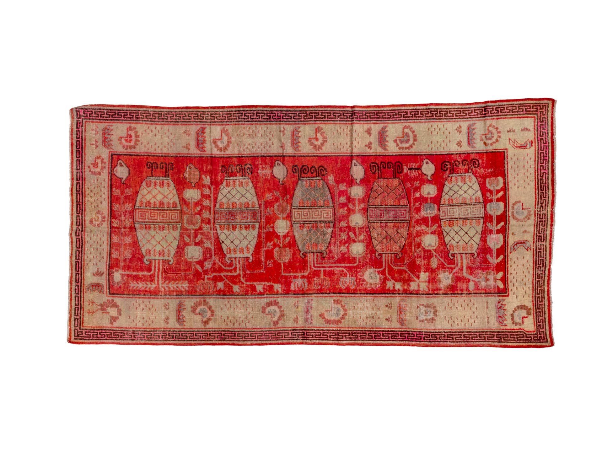 5' x 10' one-of-a-kind handmade antique Khotan runner rug. Color palette: red, ivory, coral, rose, taupe, slate, charcoal