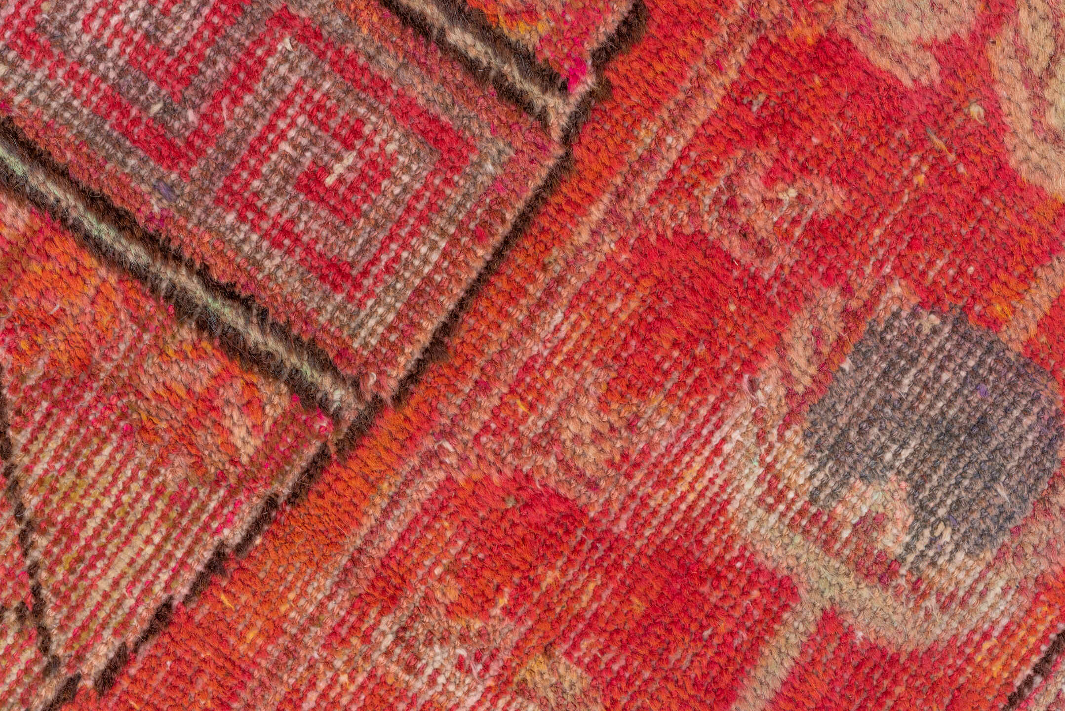 5' x 10' one-of-a-kind handmade vintage Khotan runner rug. Color palette: brown, fire brick, light coral, off-white, pink