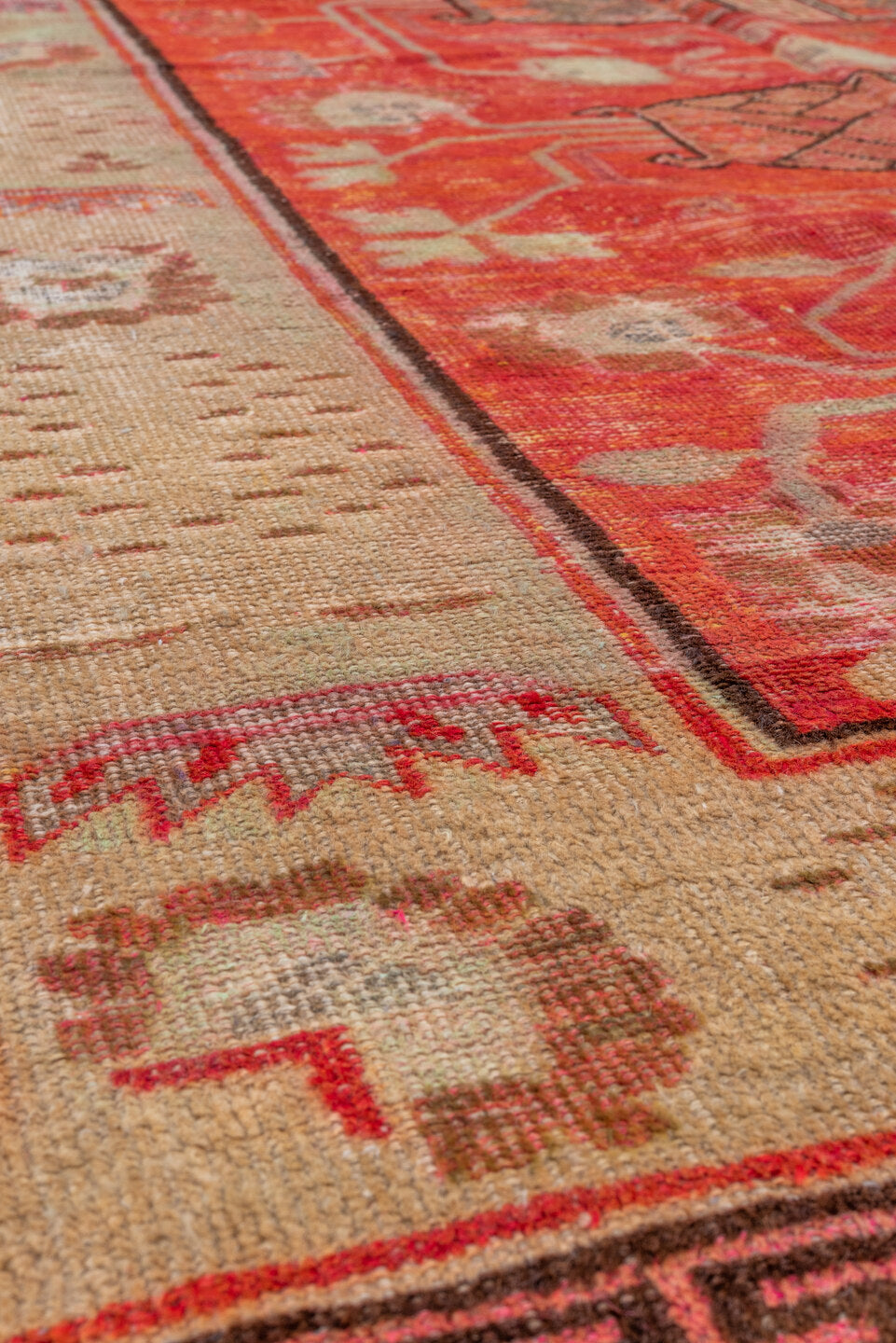 5' x 10' one-of-a-kind handmade vintage Khotan runner rug. Color palette: brown, fire brick, light coral, off-white, pink