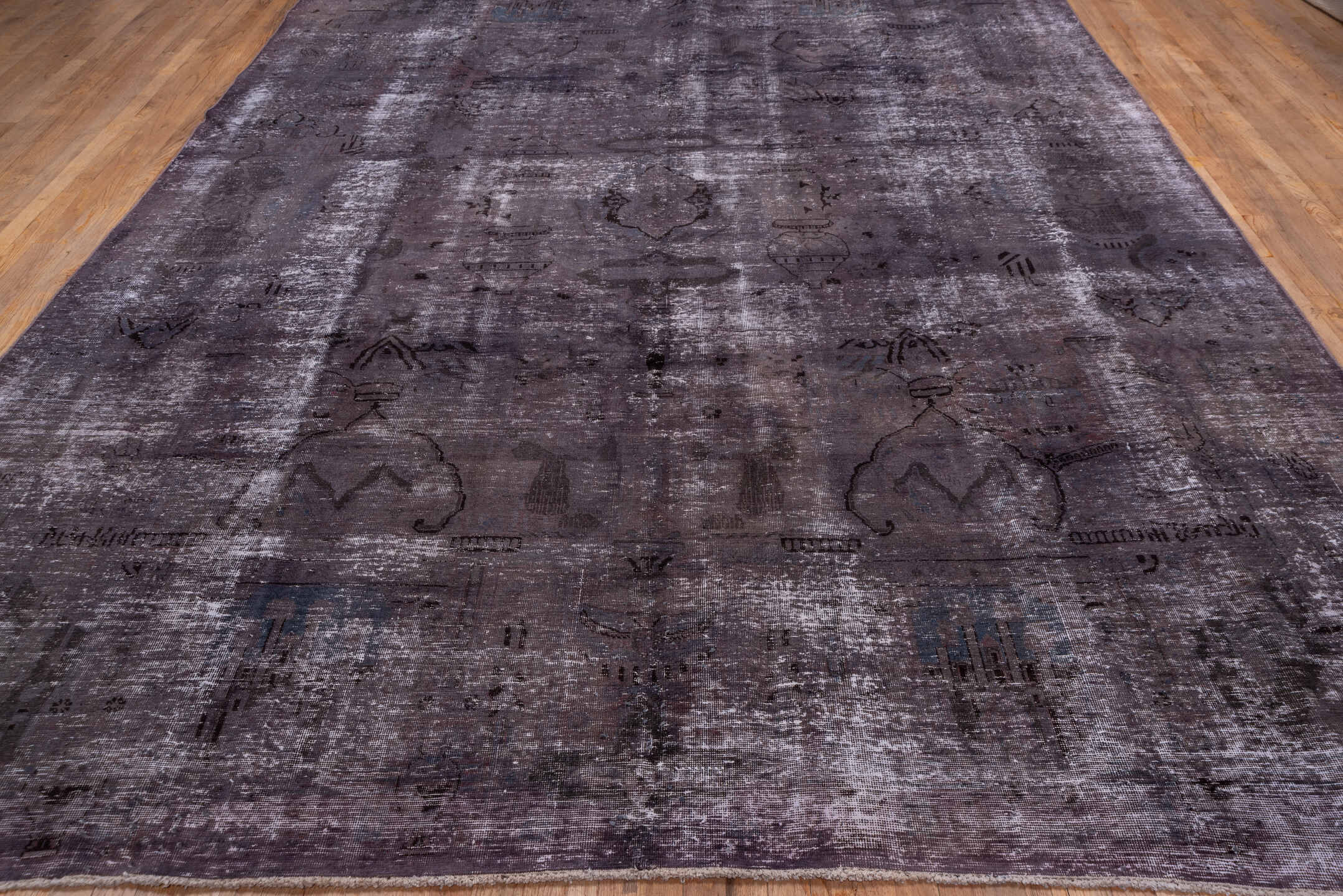 9' x 12' one-of-a-kind handmade vintage Distressed large size rug. Color palette: plum, mauve, charcoal, taupe, slate