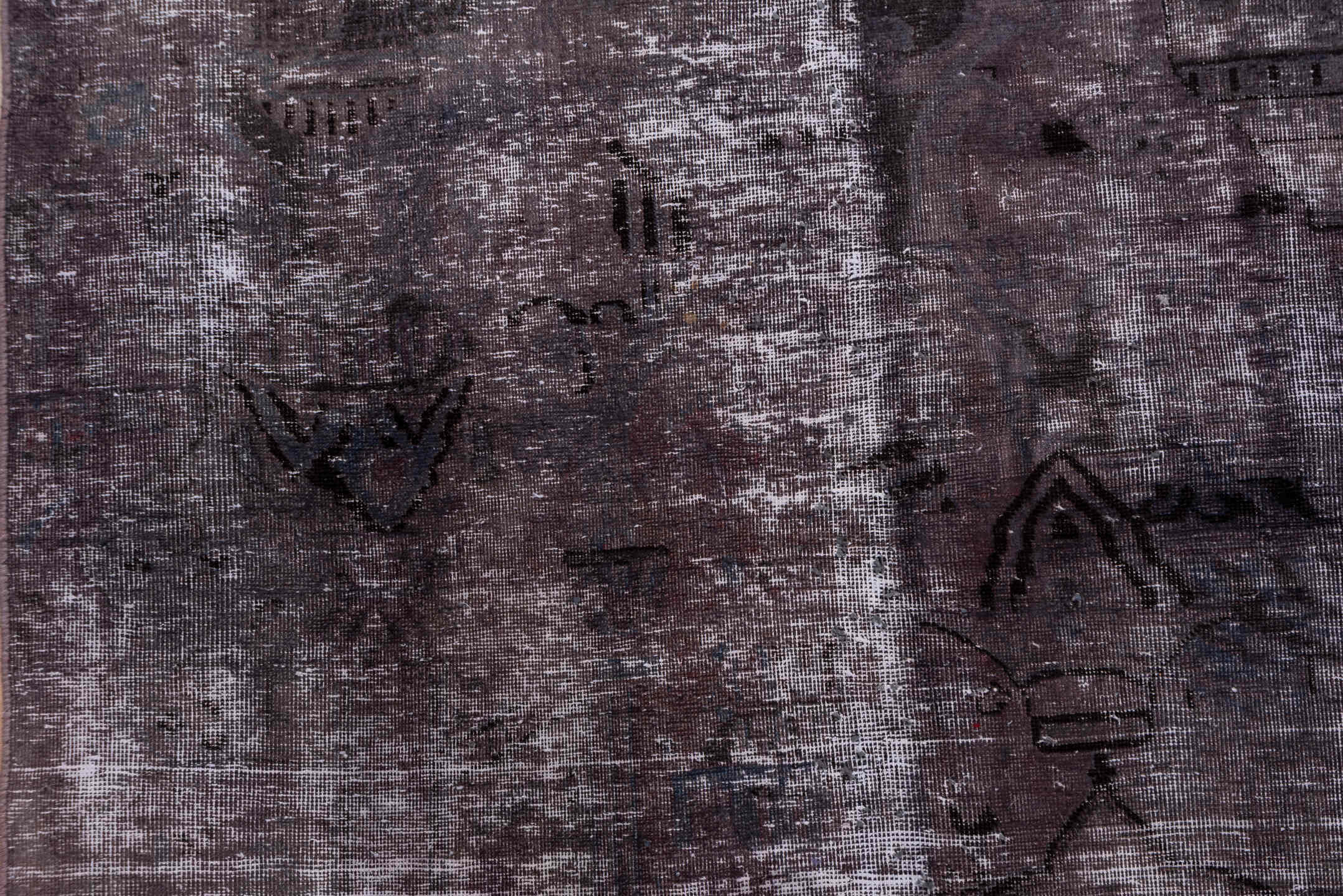 9' x 12' one-of-a-kind handmade vintage Distressed large size rug. Color palette: plum, mauve, charcoal, taupe, slate