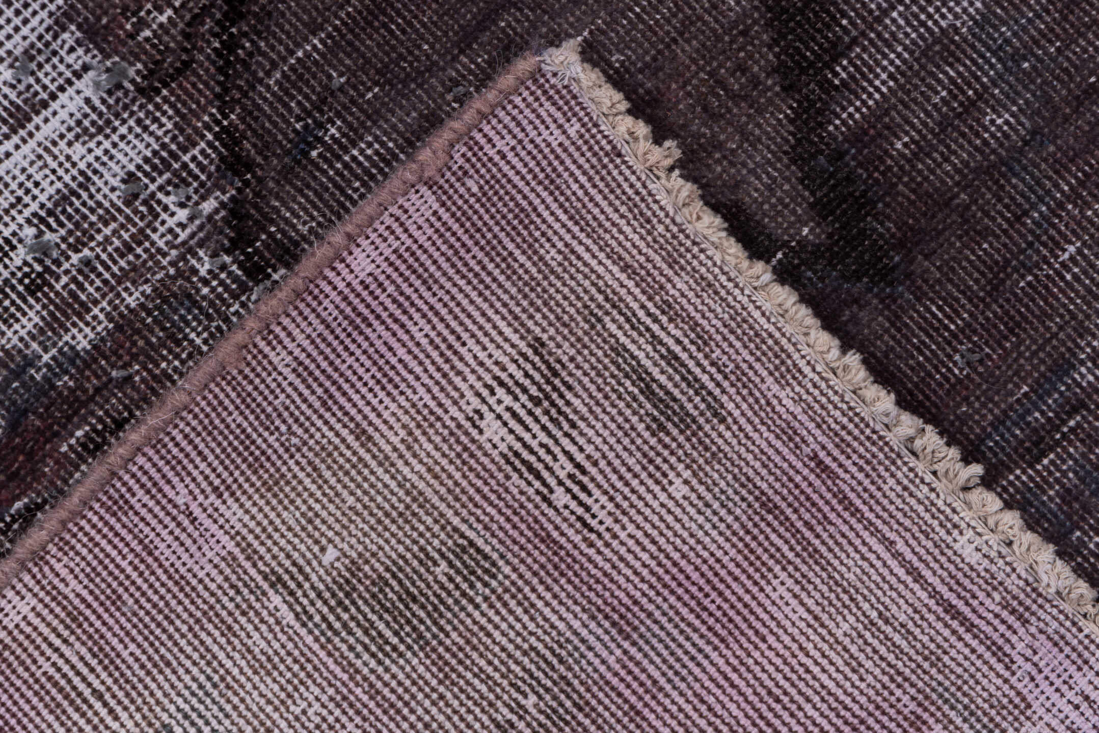 9' x 12' one-of-a-kind handmade vintage Distressed large size rug. Color palette: plum, mauve, charcoal, taupe, slate