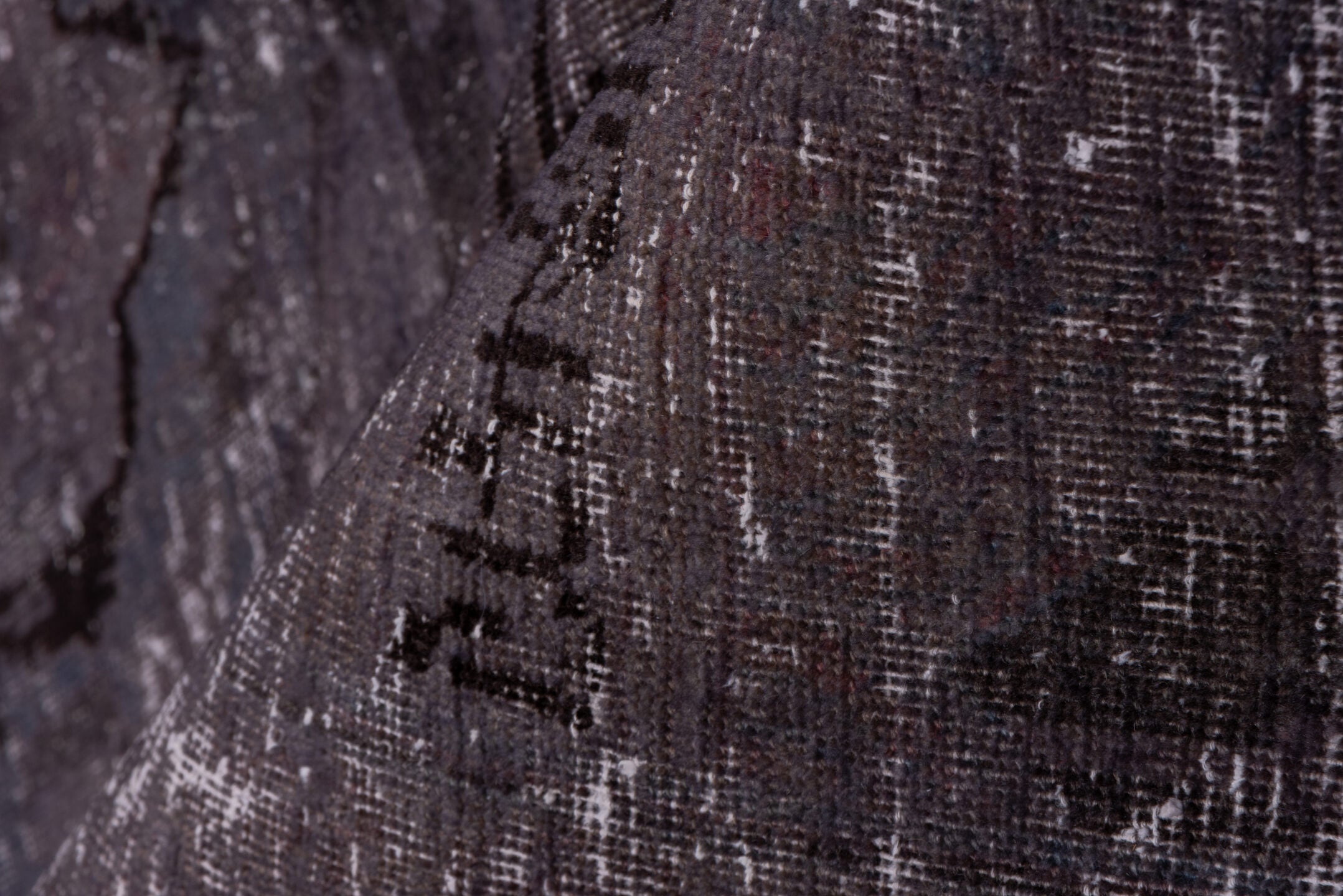 9' x 12' one-of-a-kind handmade vintage Distressed large size rug. Color palette: plum, mauve, charcoal, taupe, slate