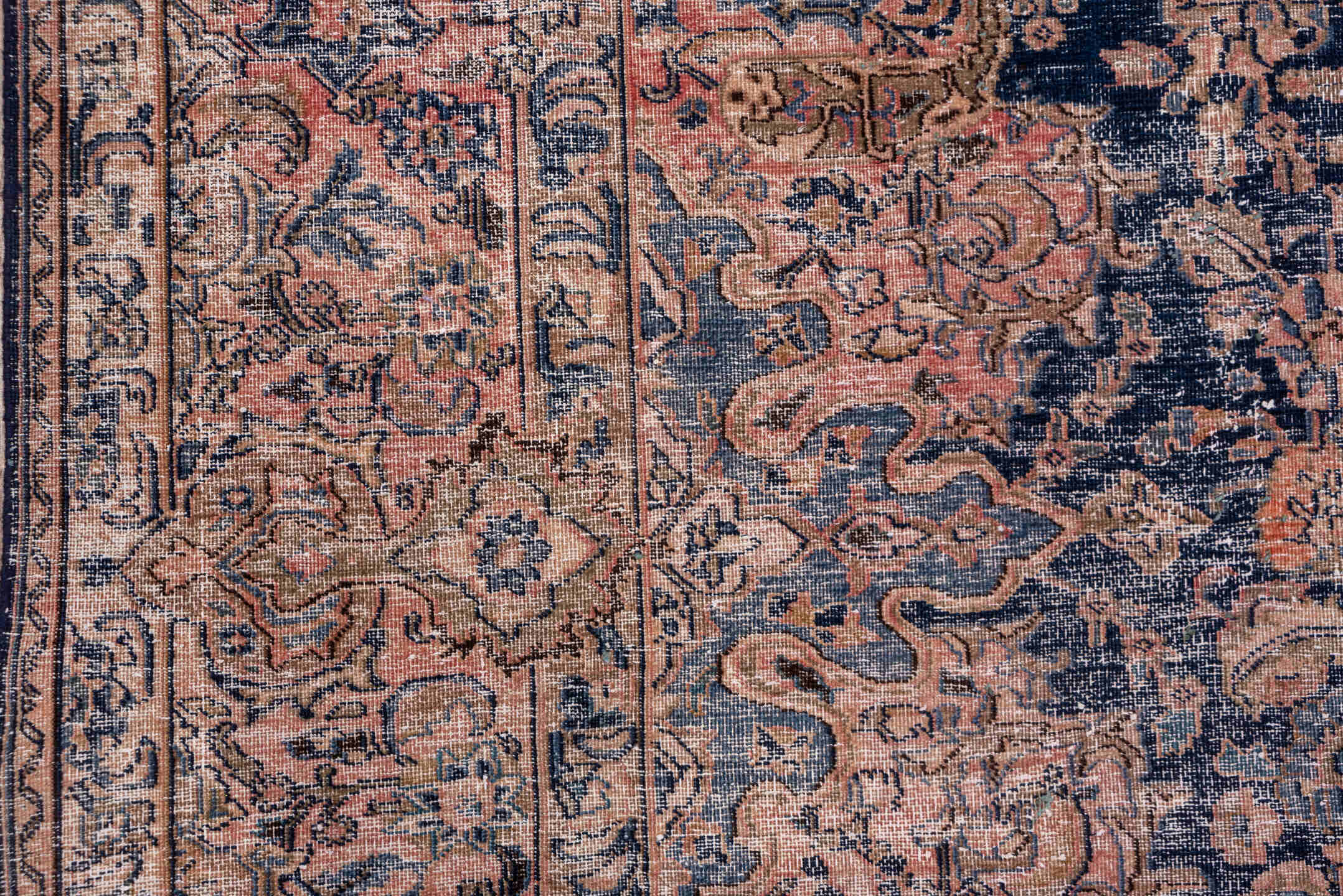 9' x 12' one-of-a-kind handmade vintage Distressed large size rug. Color palette: black, blue, brown, gray, light gray