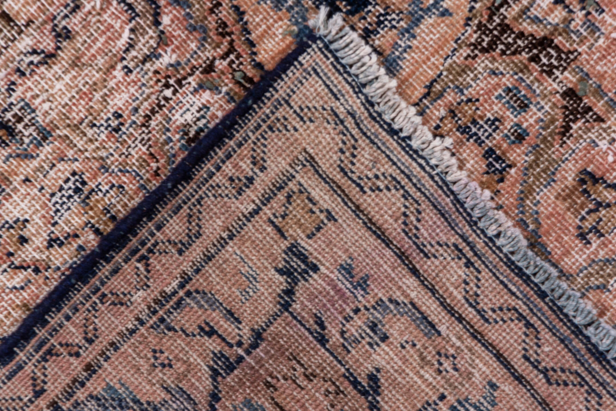 9' x 12' one-of-a-kind handmade vintage Distressed large size rug. Color palette: black, blue, brown, gray, light gray