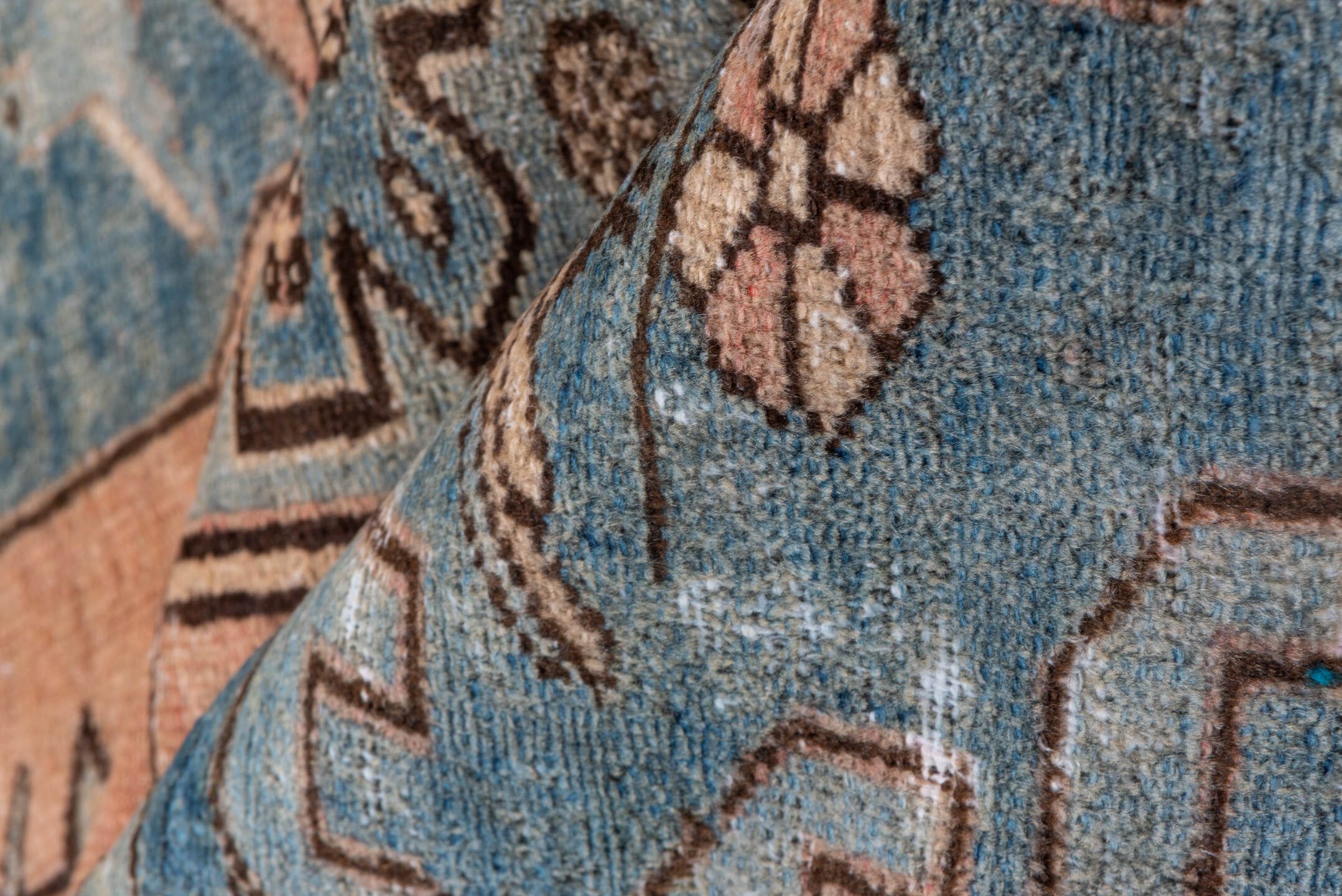4' x 12' one-of-a-kind handmade vintage Distressed runner rug. Color palette: sky blue, blush, ivory, brown, taupe, charcoal