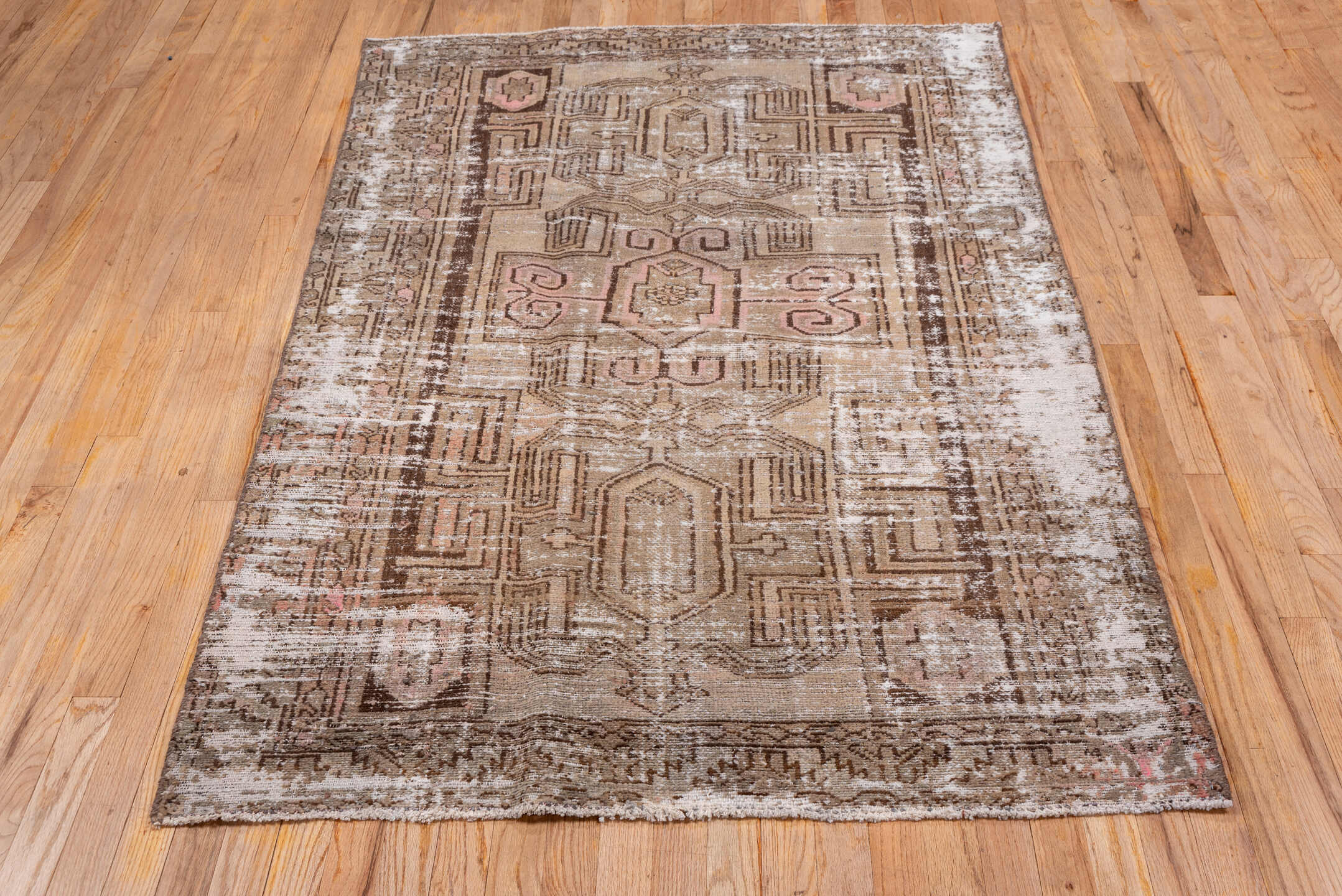 4' x 6' one-of-a-kind handmade vintage Distressed small size rug. Color palette: taupe, brown, ivory, blush, charcoal, beige