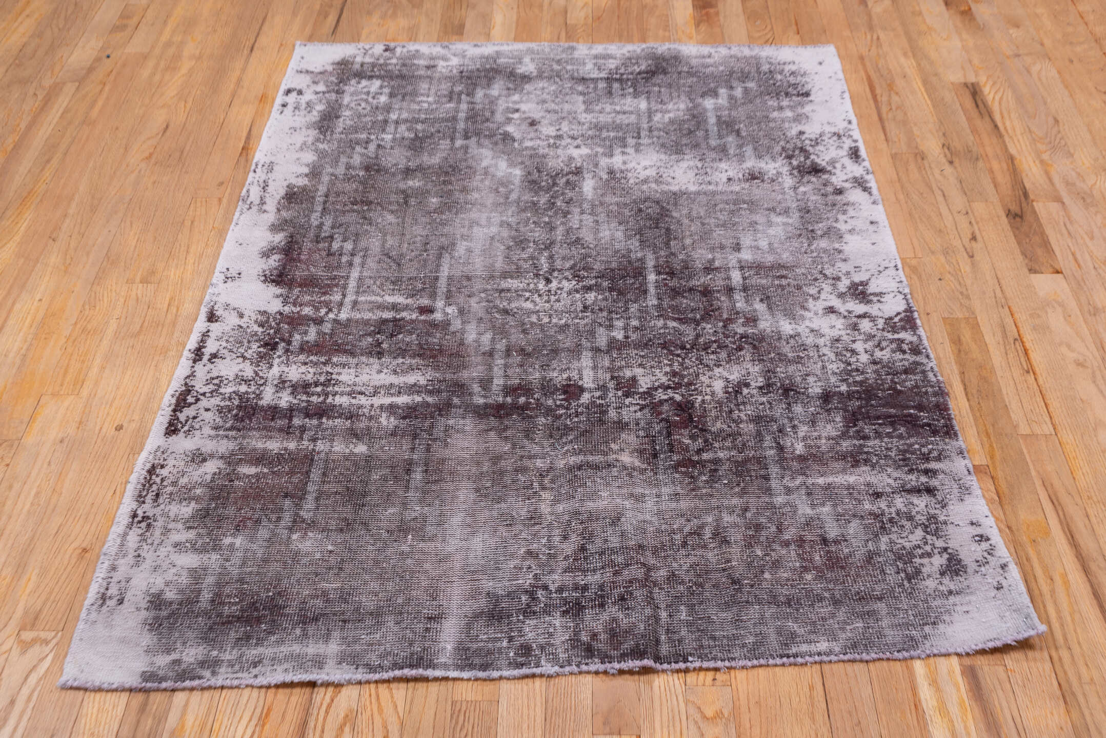 4' x 5' one-of-a-kind handmade vintage Distressed small size rug. Color palette: gainsboro, gray, light gray, off-white