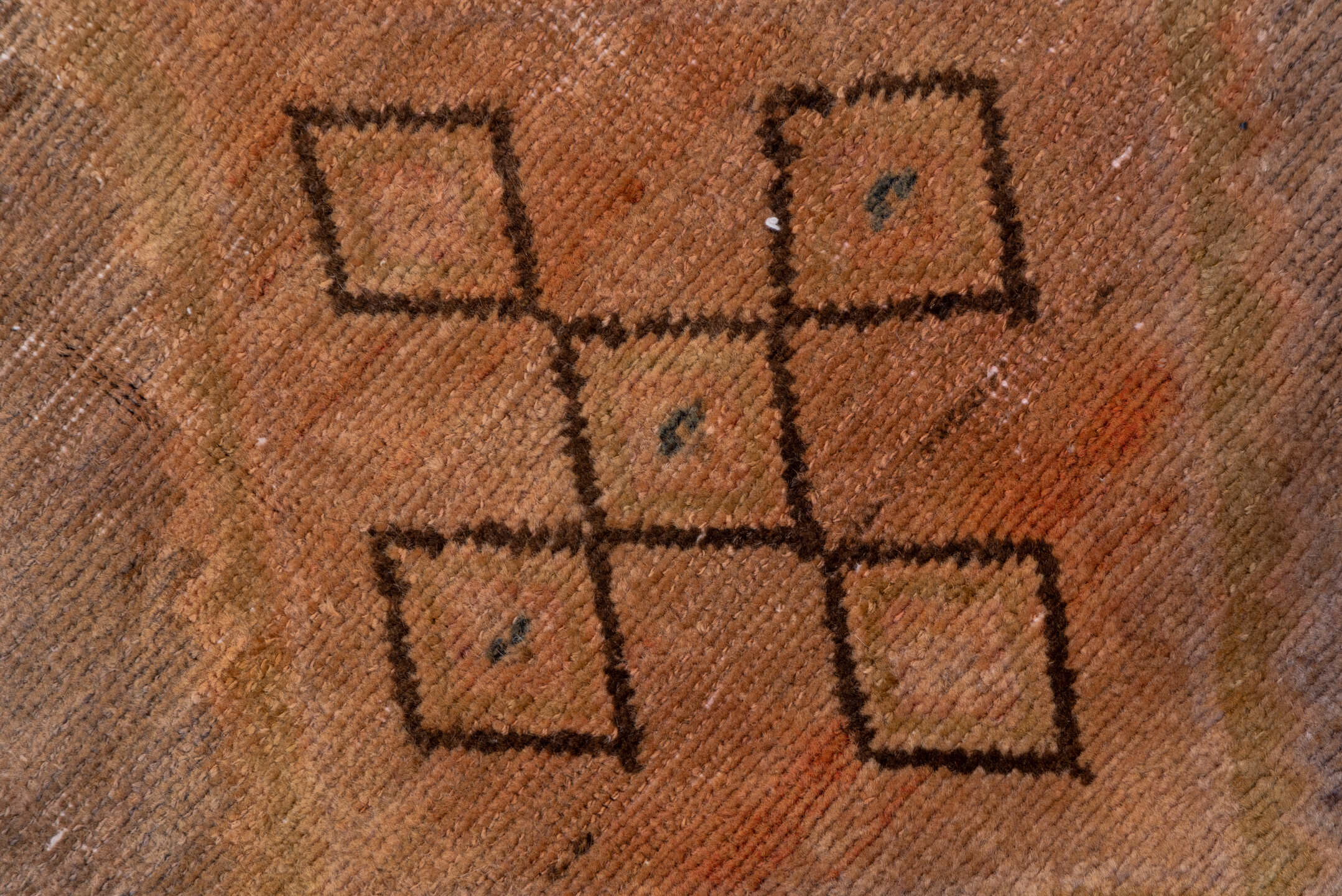 4' x 9' one-of-a-kind handmade vintage Distressed runner rug. Color palette: taupe, terra cotta, brown, charcoal, camel