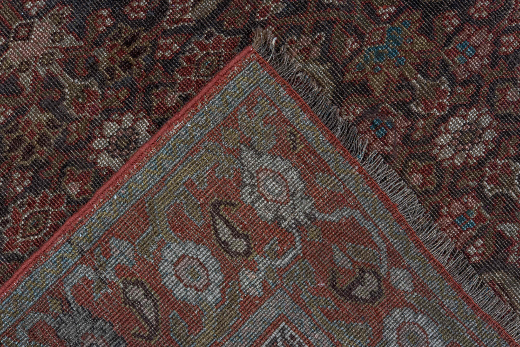 4' x 6' one-of-a-kind handmade vintage Bidjar small size rug. Color palette: black, blue, brown, gray, pink, red, redwood