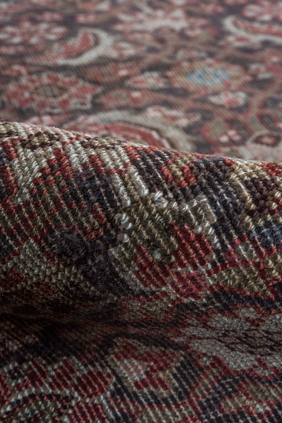 4' x 6' one-of-a-kind handmade vintage Bidjar small size rug. Color palette: black, blue, brown, gray, pink, red, redwood