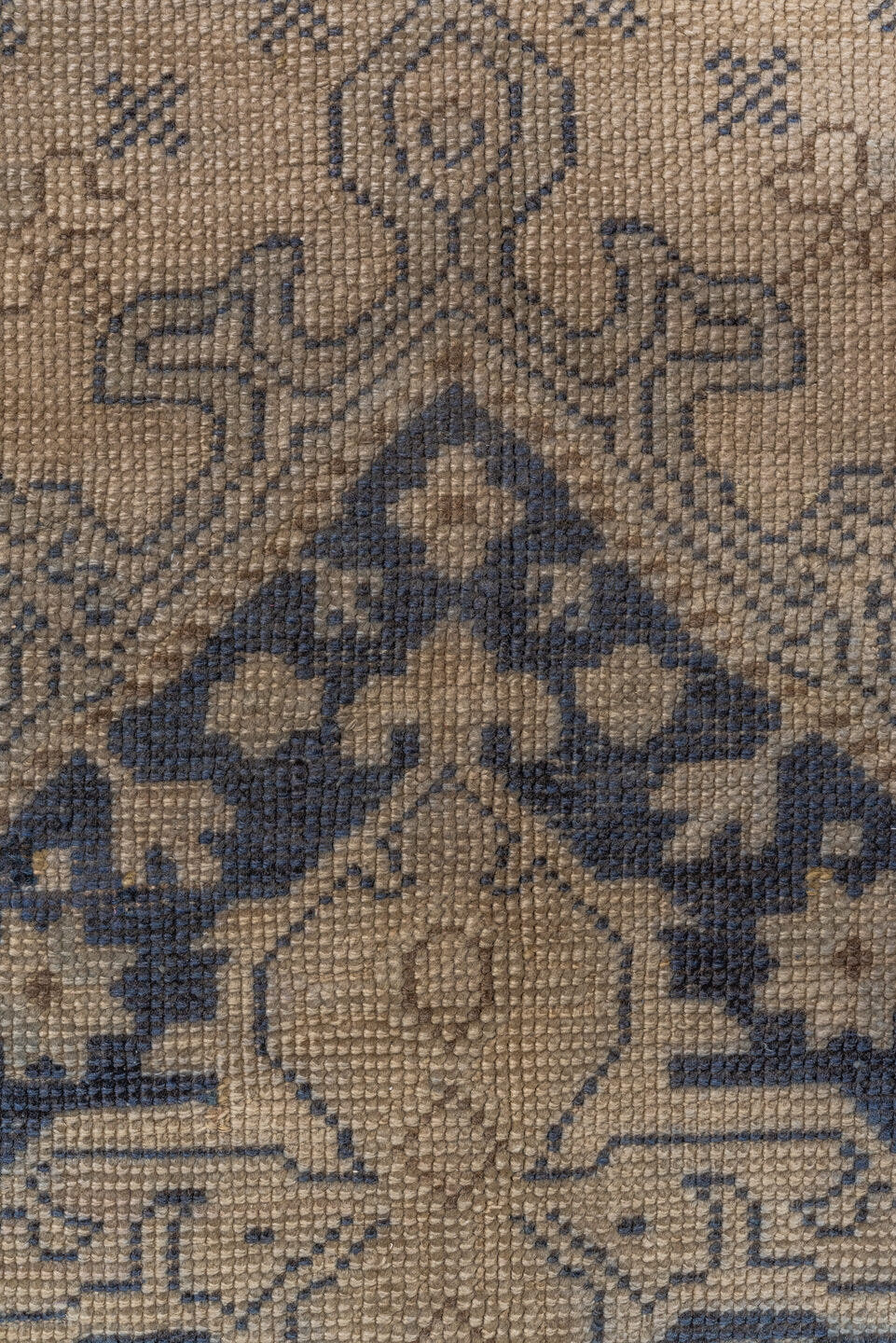 13' x 18' one-of-a-kind handmade antique Oushak oversize rug. Color palette: ivory, indigo, taupe, slate, beige, purple