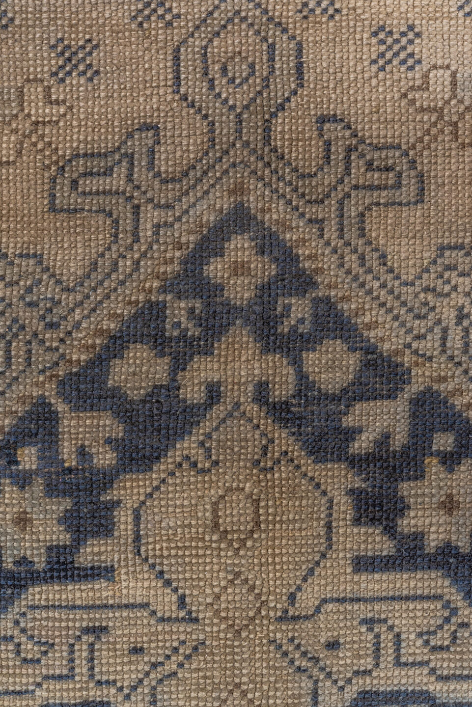 13' x 18' one-of-a-kind handmade antique Oushak oversize rug. Color palette: ivory, indigo, taupe, slate, beige, purple