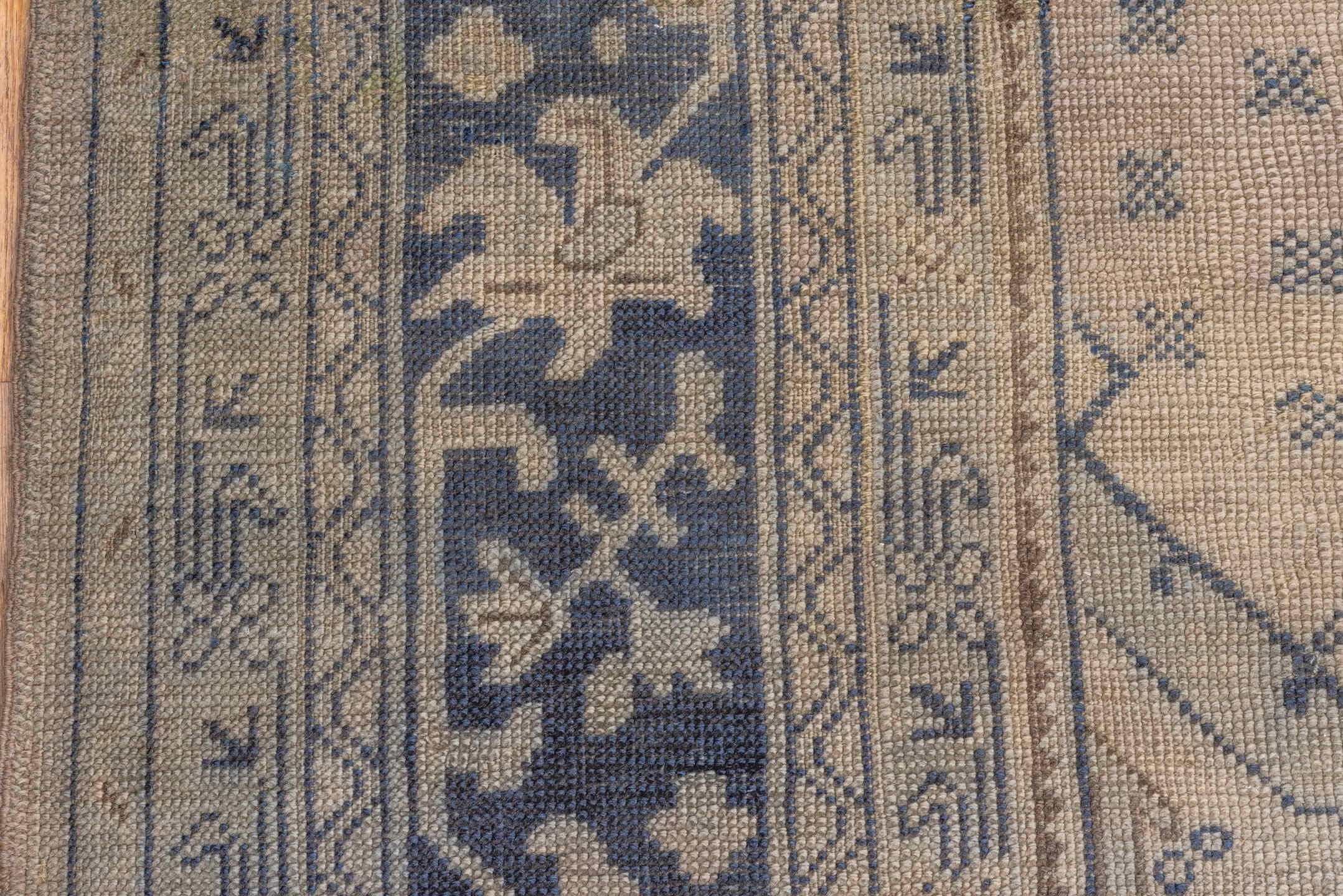 13' x 18' one-of-a-kind handmade antique Oushak oversize rug. Color palette: ivory, indigo, taupe, slate, beige, purple