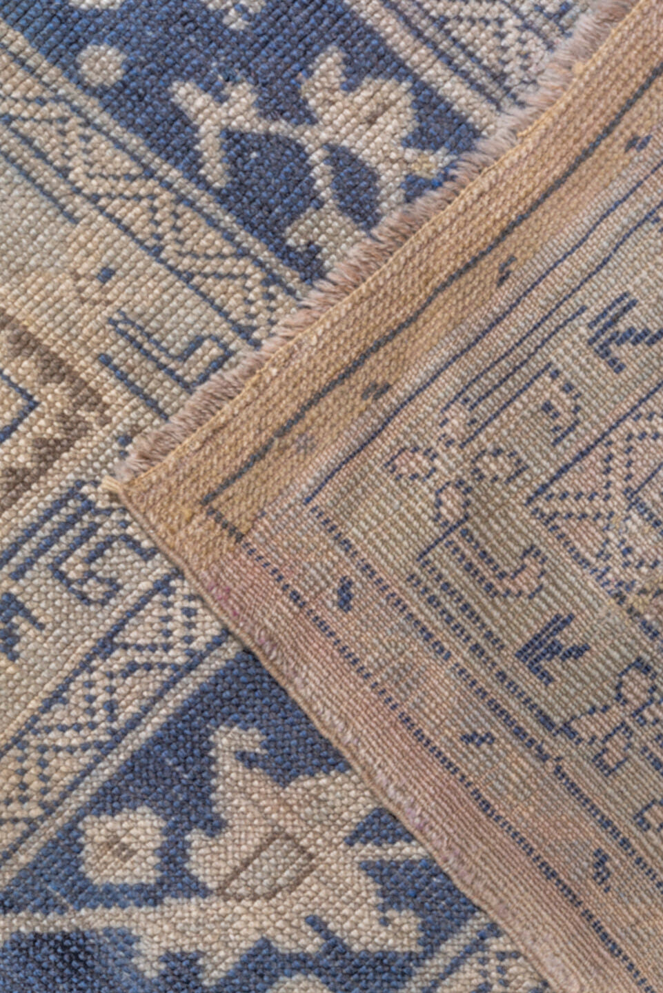 13' x 18' one-of-a-kind handmade antique Oushak oversize rug. Color palette: ivory, indigo, taupe, slate, beige, purple