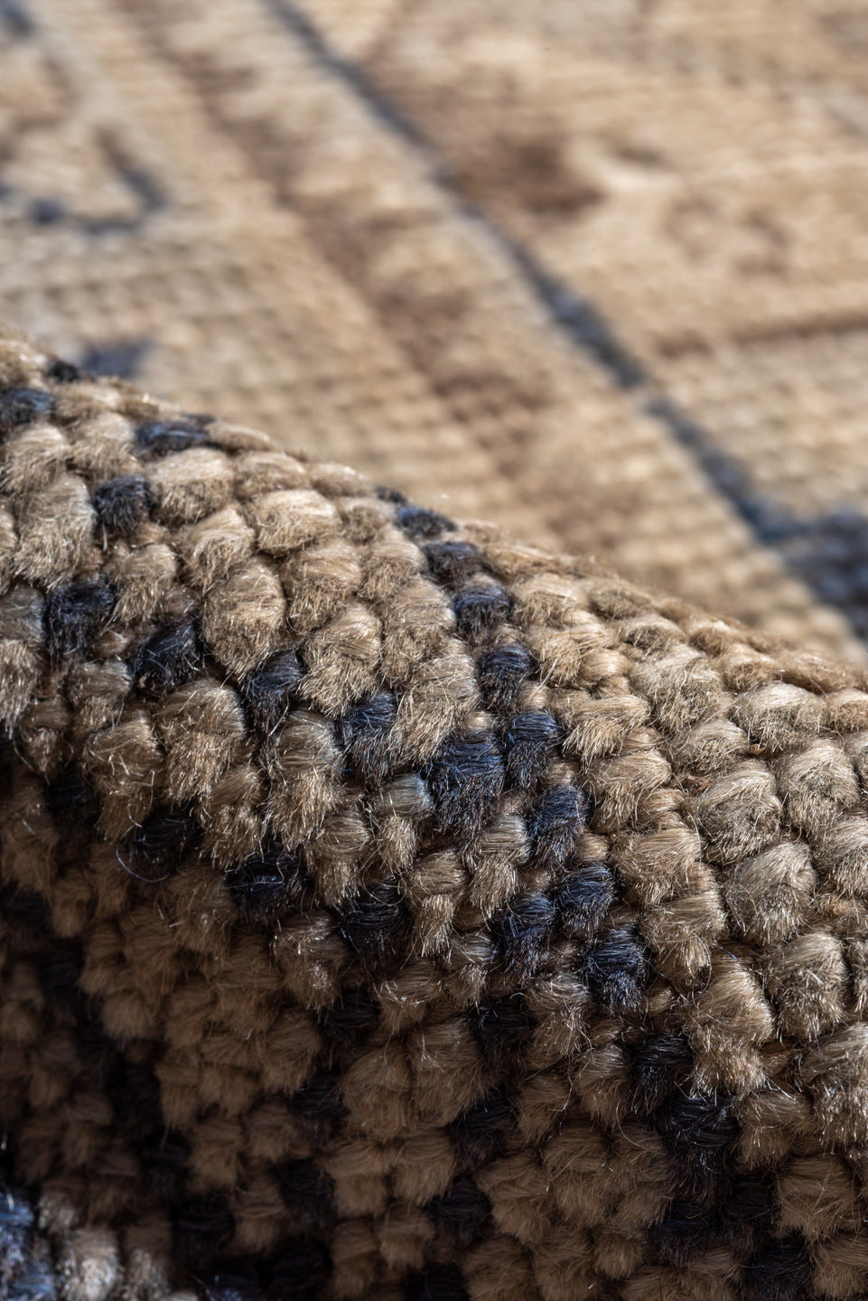 13' x 18' one-of-a-kind handmade antique Oushak oversize rug. Color palette: ivory, indigo, taupe, slate, beige, purple