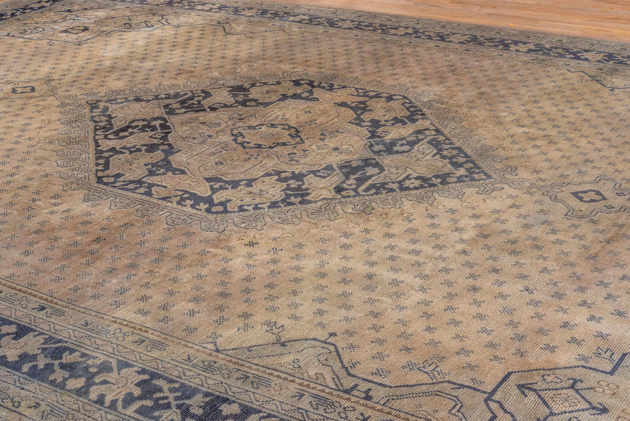 13' x 18' one-of-a-kind handmade antique Oushak oversize rug. Color palette: ivory, indigo, taupe, slate, beige, purple