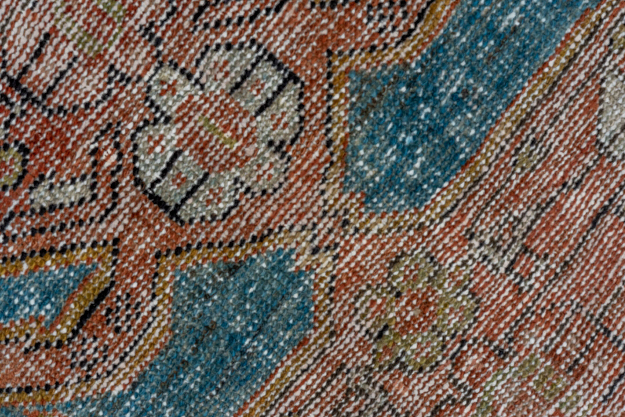 4' x 6' one-of-a-kind handmade vintage Veece small size rug. Color palette: arapawa, blue, brown, dark gray, gray