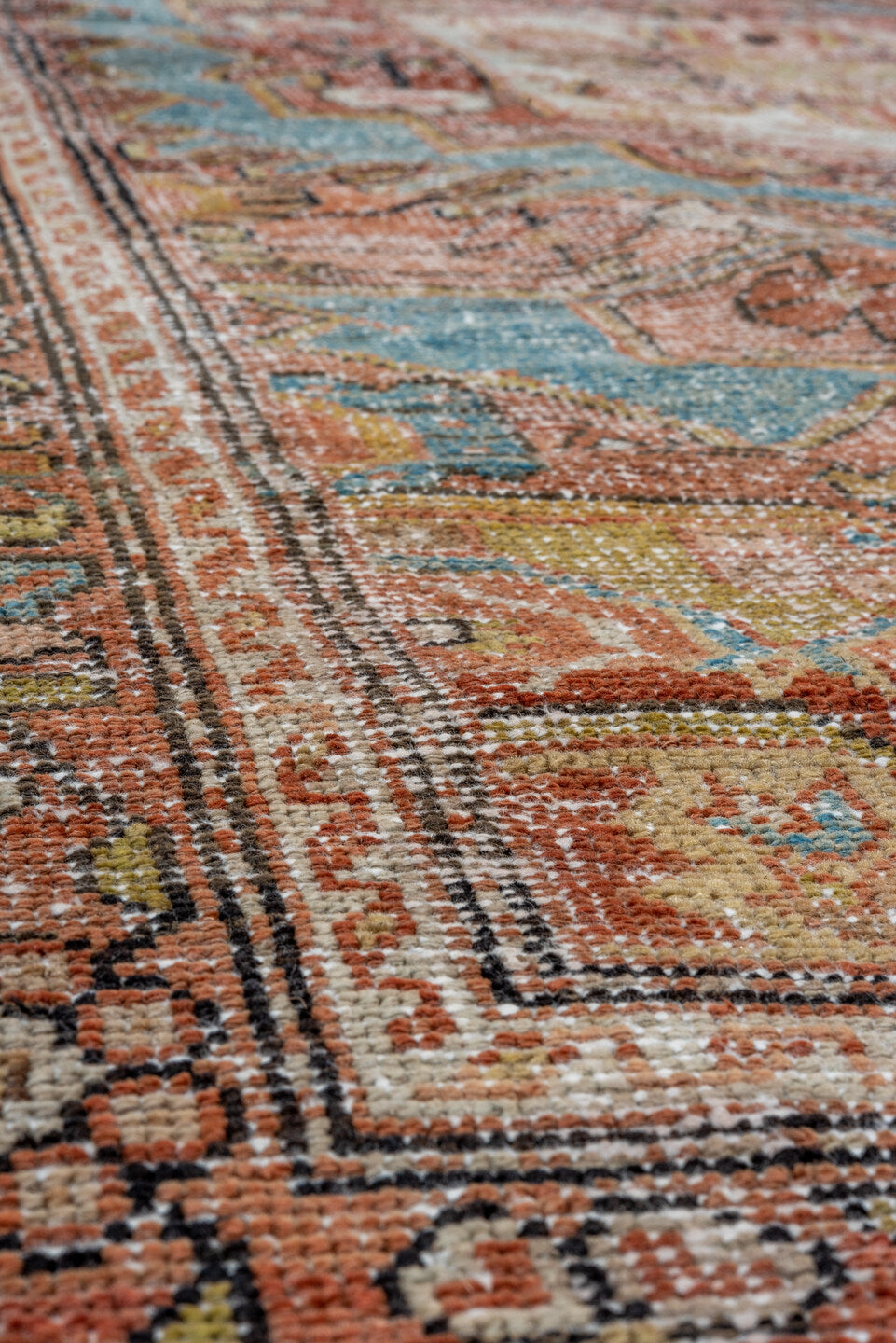 4' x 6' one-of-a-kind handmade vintage Veece small size rug. Color palette: arapawa, blue, brown, dark gray, gray