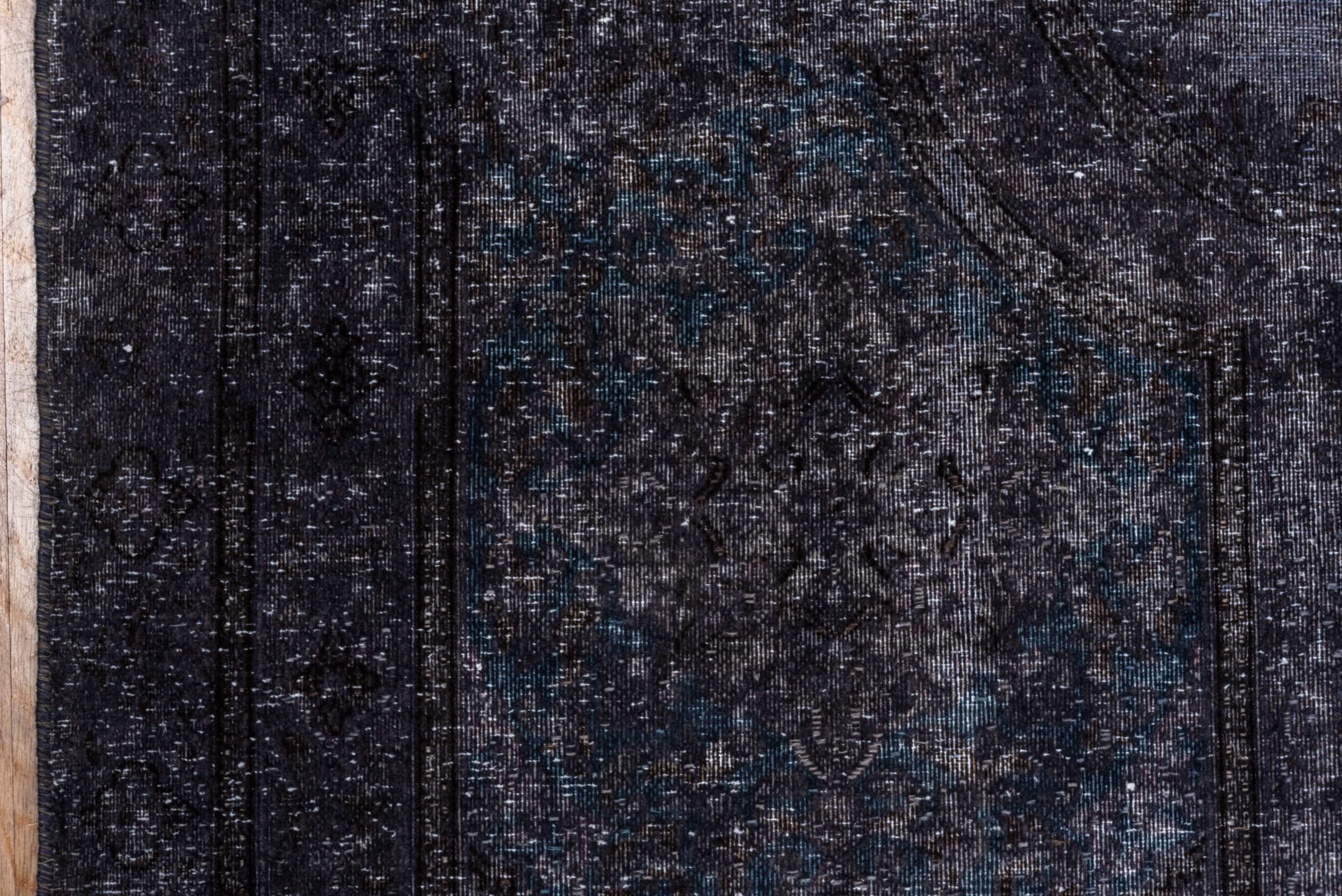 10' x 12' one-of-a-kind handmade vintage Overdyed large size rug. Color palette: black, blue, gray, light gray, off-white