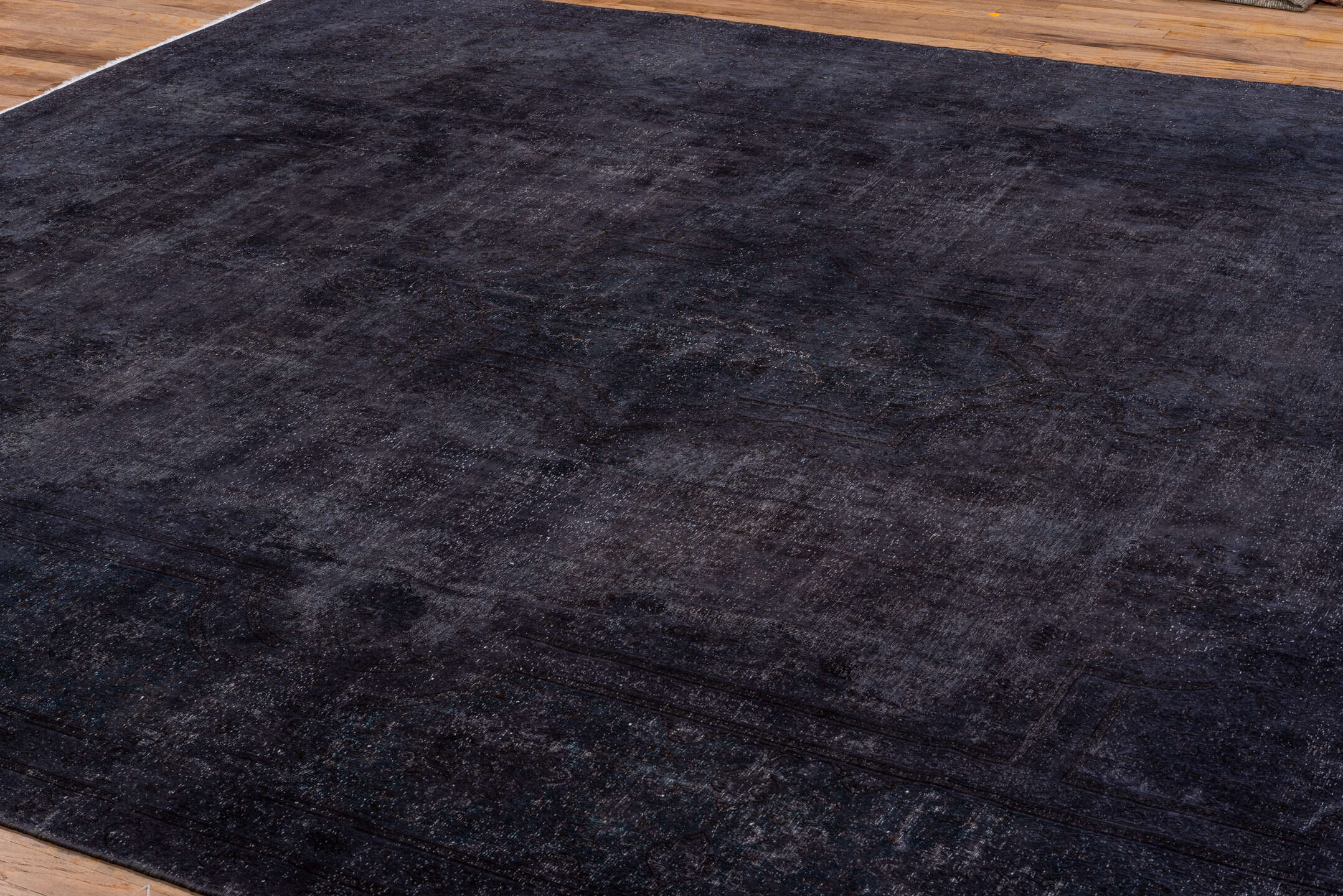 10' x 12' one-of-a-kind handmade vintage Overdyed large size rug. Color palette: black, blue, gray, light gray, off-white
